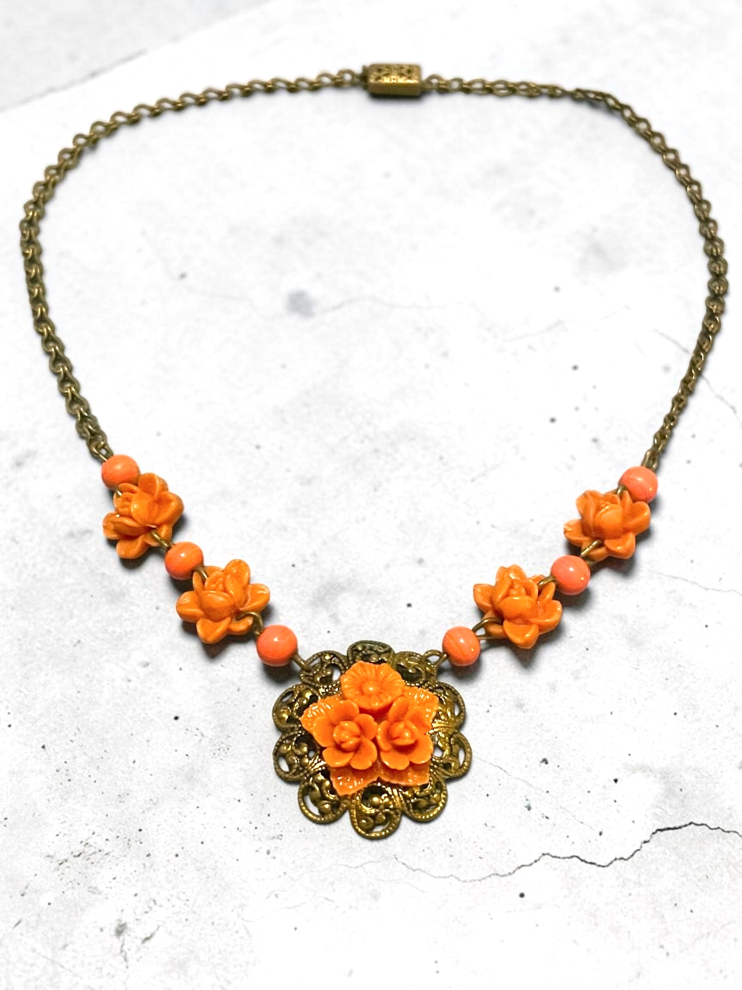 Art Nouveau Coral Orange Pink Celluloid Flower & Art Glass Bead Brass Necklace