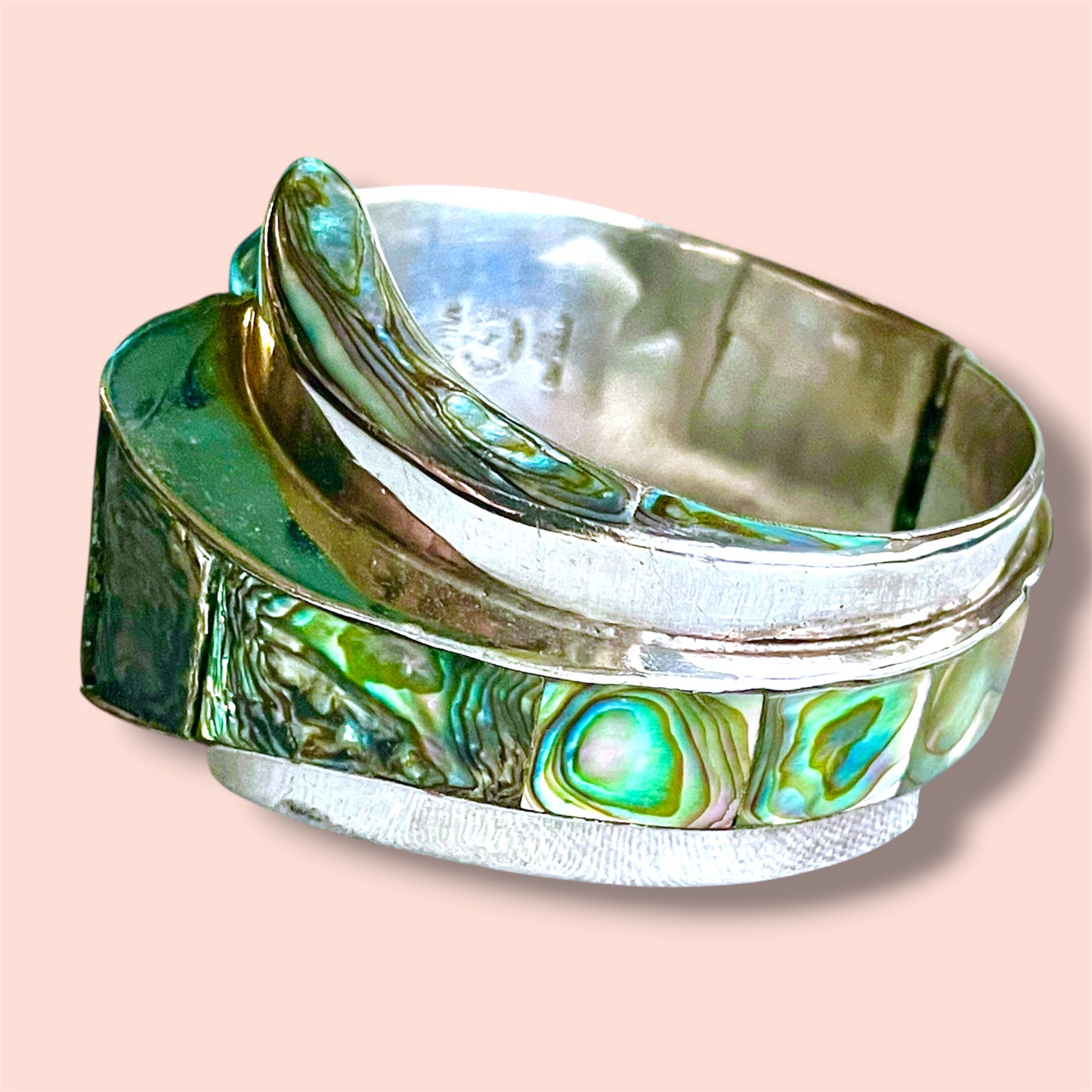 Taxco Sterling Ailver 925 Villisana Designer Abalone Hinged Clamper Bangle Bracelet