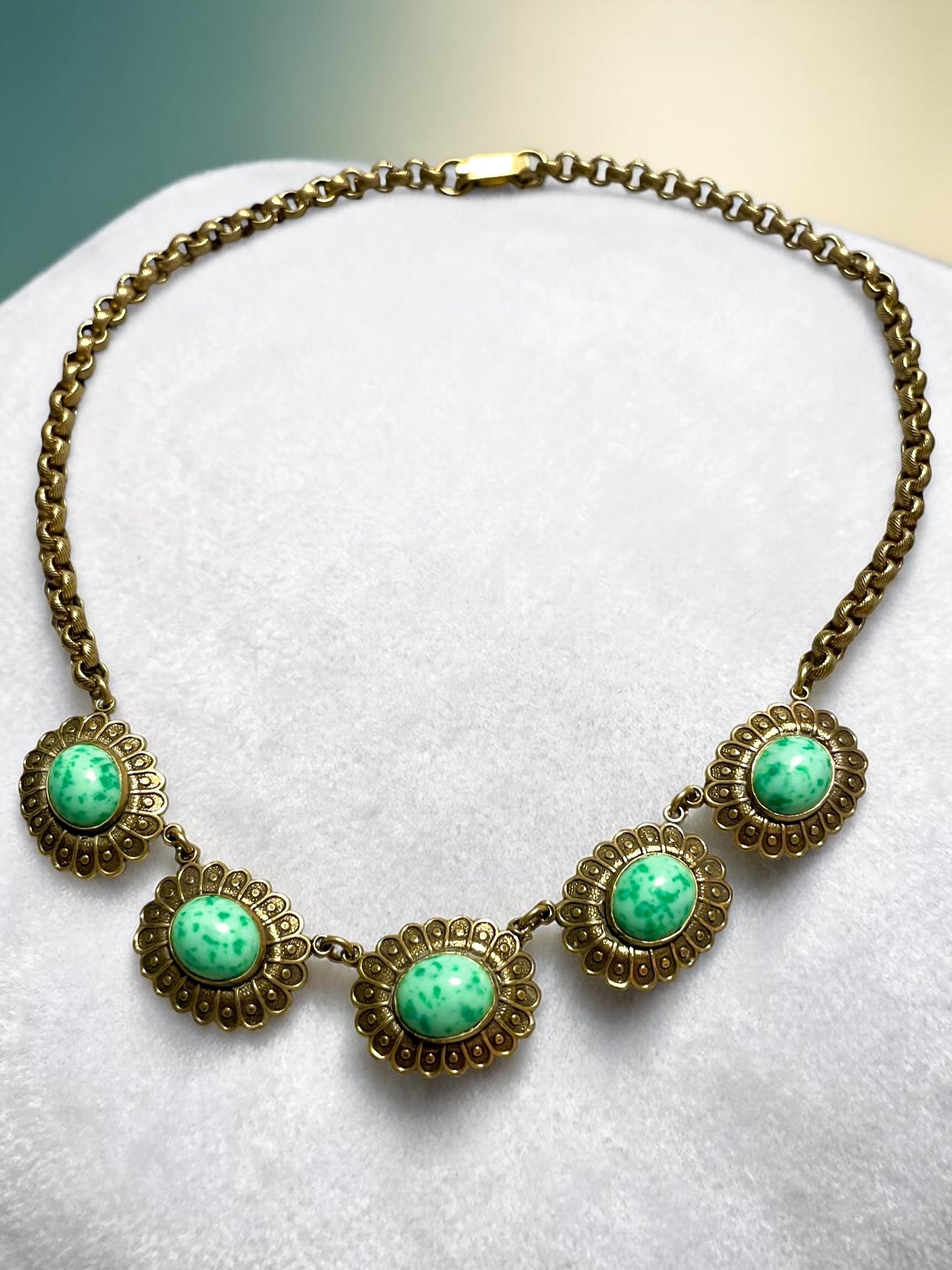Art Nouveau Czech Peking Green Jade Art Glass Necklace