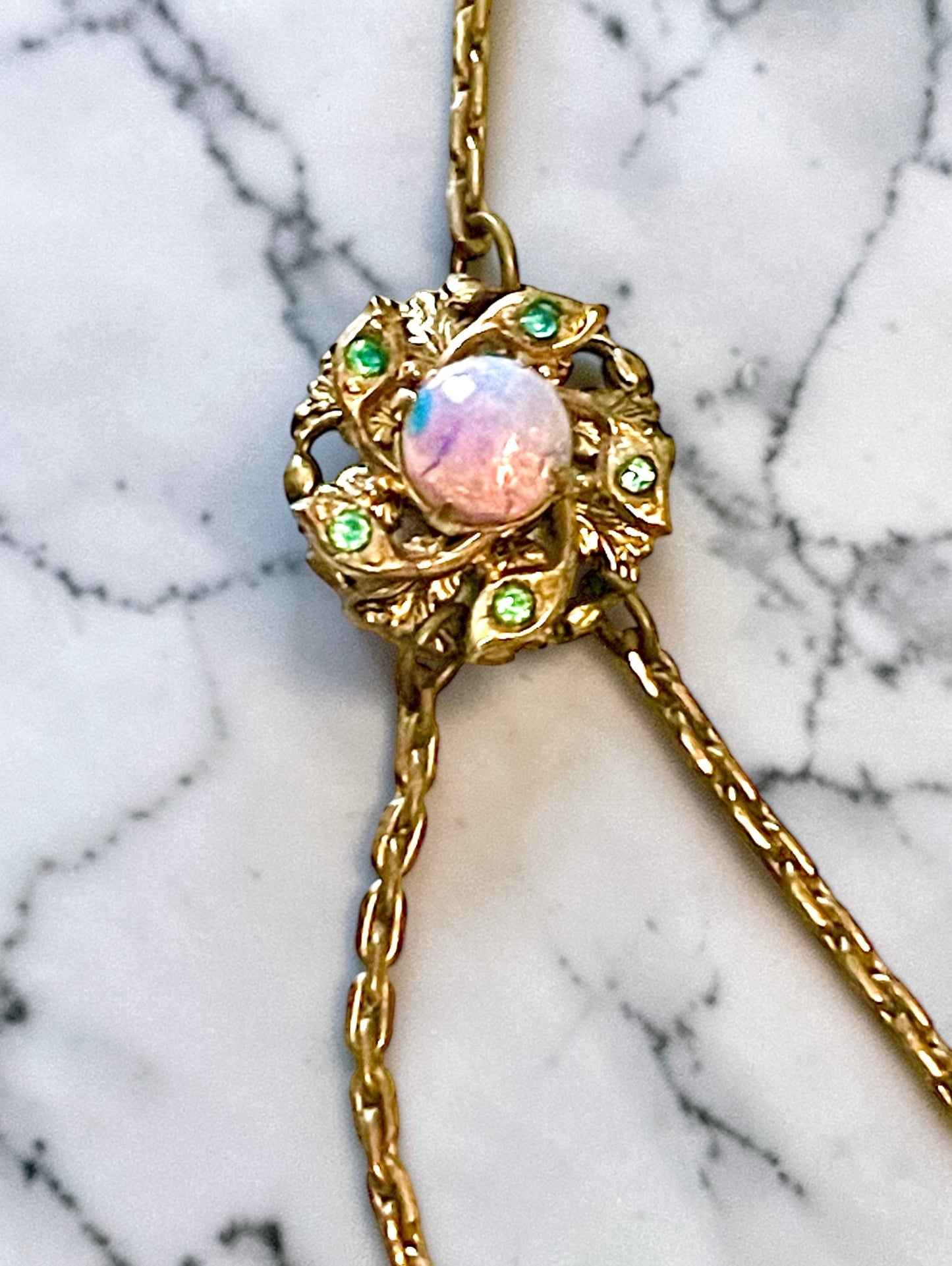 Edwardian Pink Gold Foil Art Glass Dragons Breath Fire Opal Festoon Necklace