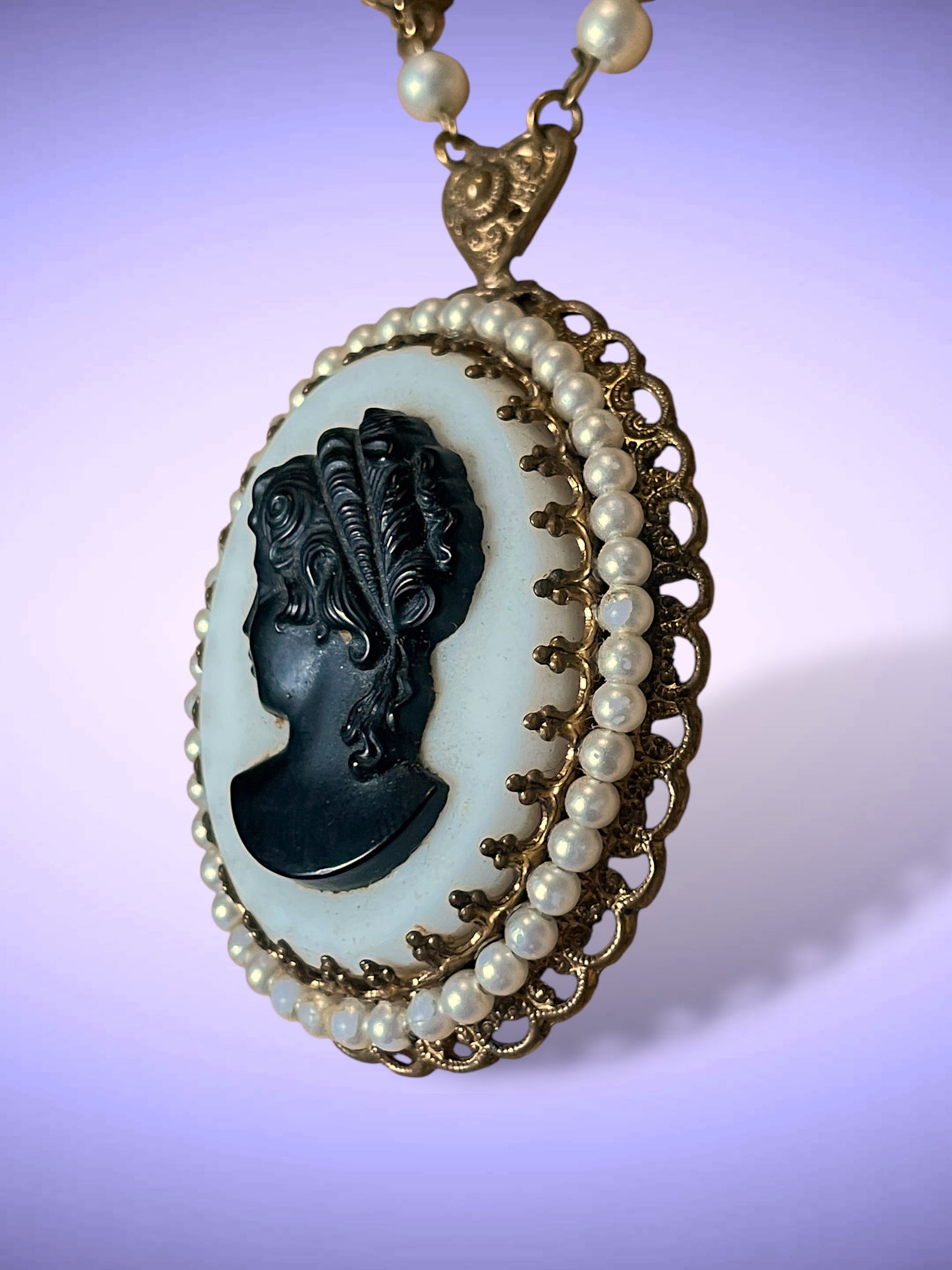 West German Brass Filigree White & Black Art Glass Cameo Pearl Necklace