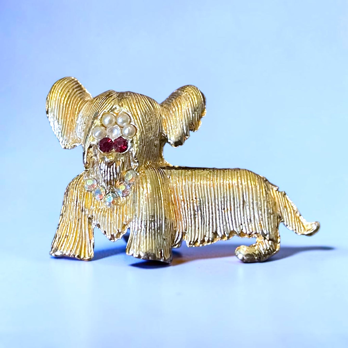 Vintage Figural Shih Tzu Dog Gold Brooch Aurora Borealis &Red Crystal Eyes & Pearls