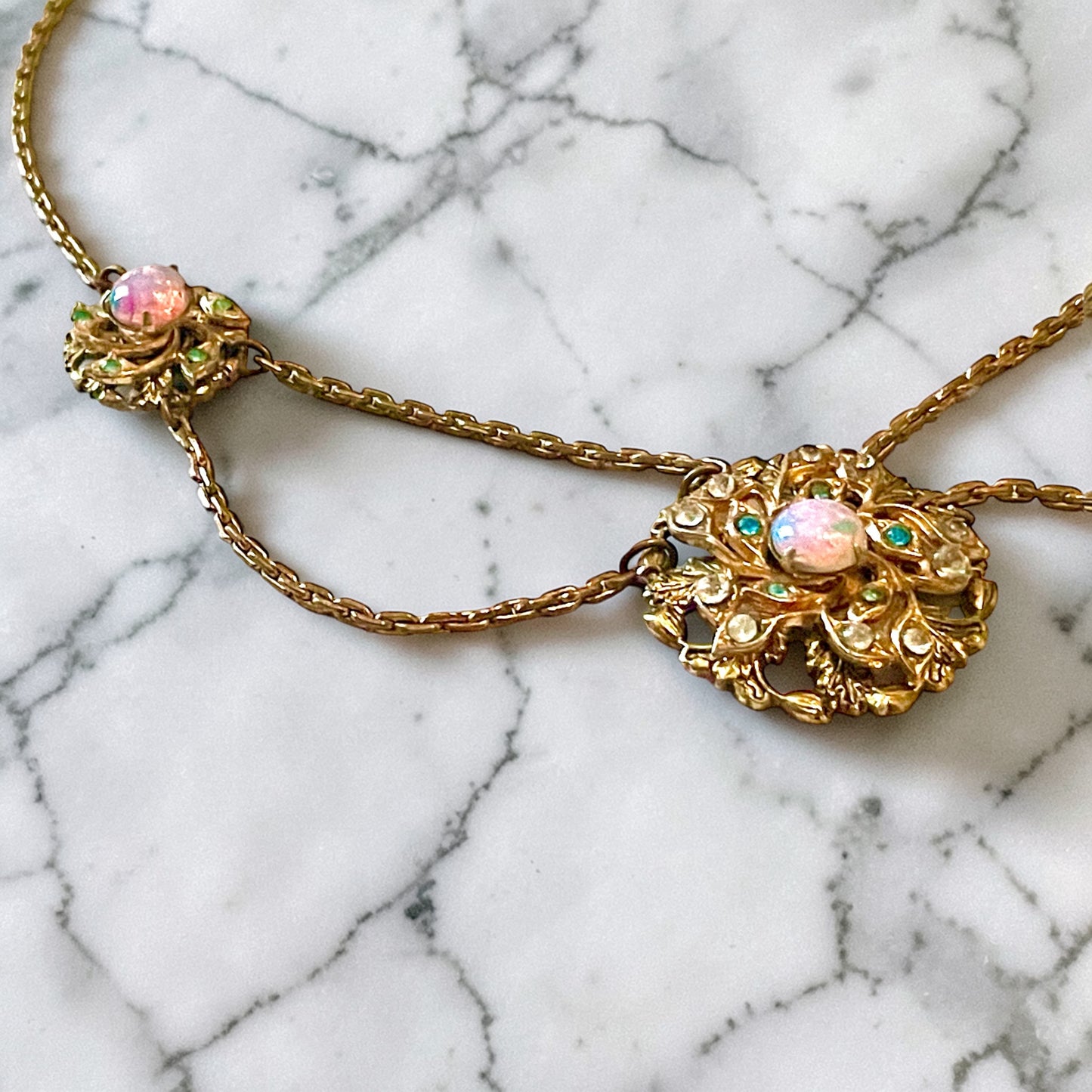 Edwardian Pink Gold Foil Art Glass Dragons Breath Fire Opal Festoon Necklace