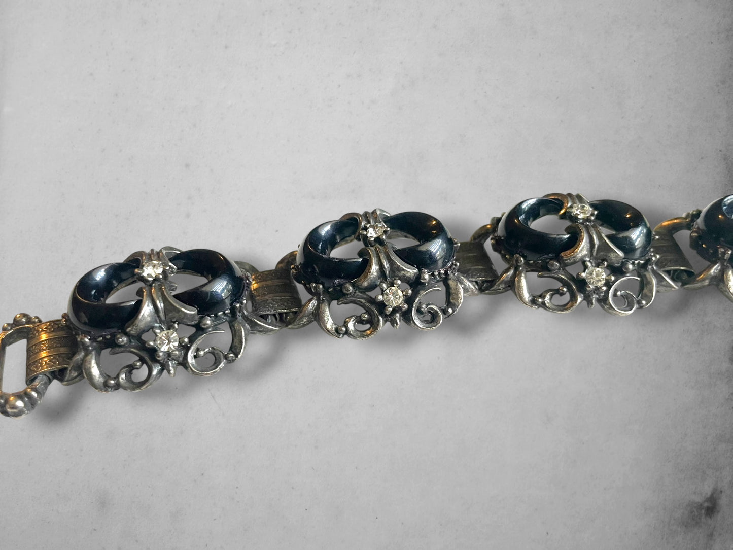 Victorian Booklink Chain Black Crescent Moon Crystal Panel Bracelet