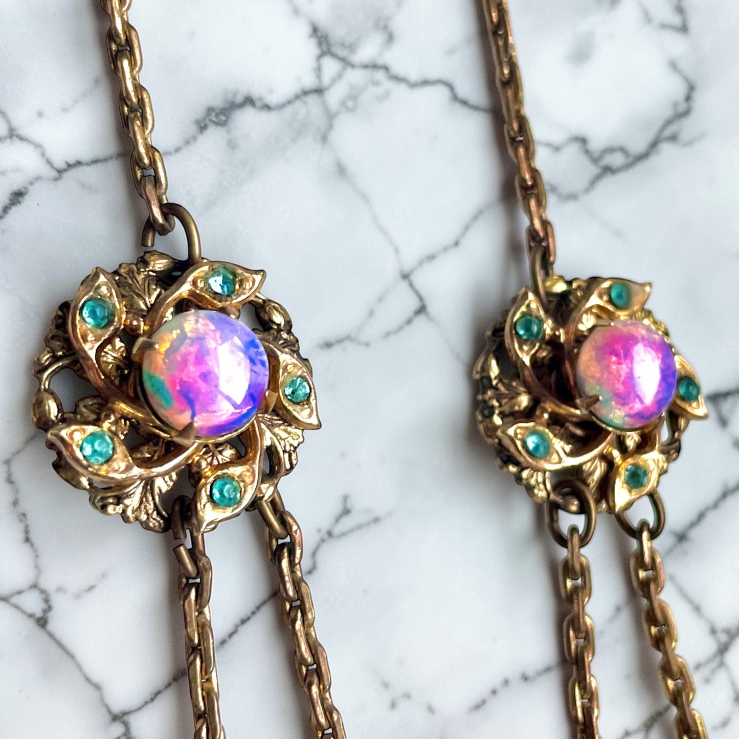 Edwardian Pink Gold Foil Art Glass Dragons Breath Fire Opal Festoon Necklace