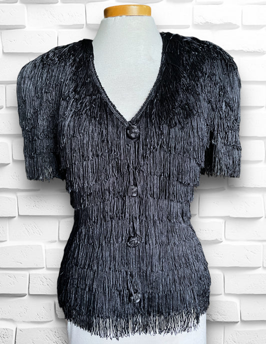 Vintage Black Fringe Button Up Waist Hugging Blouse Shirt