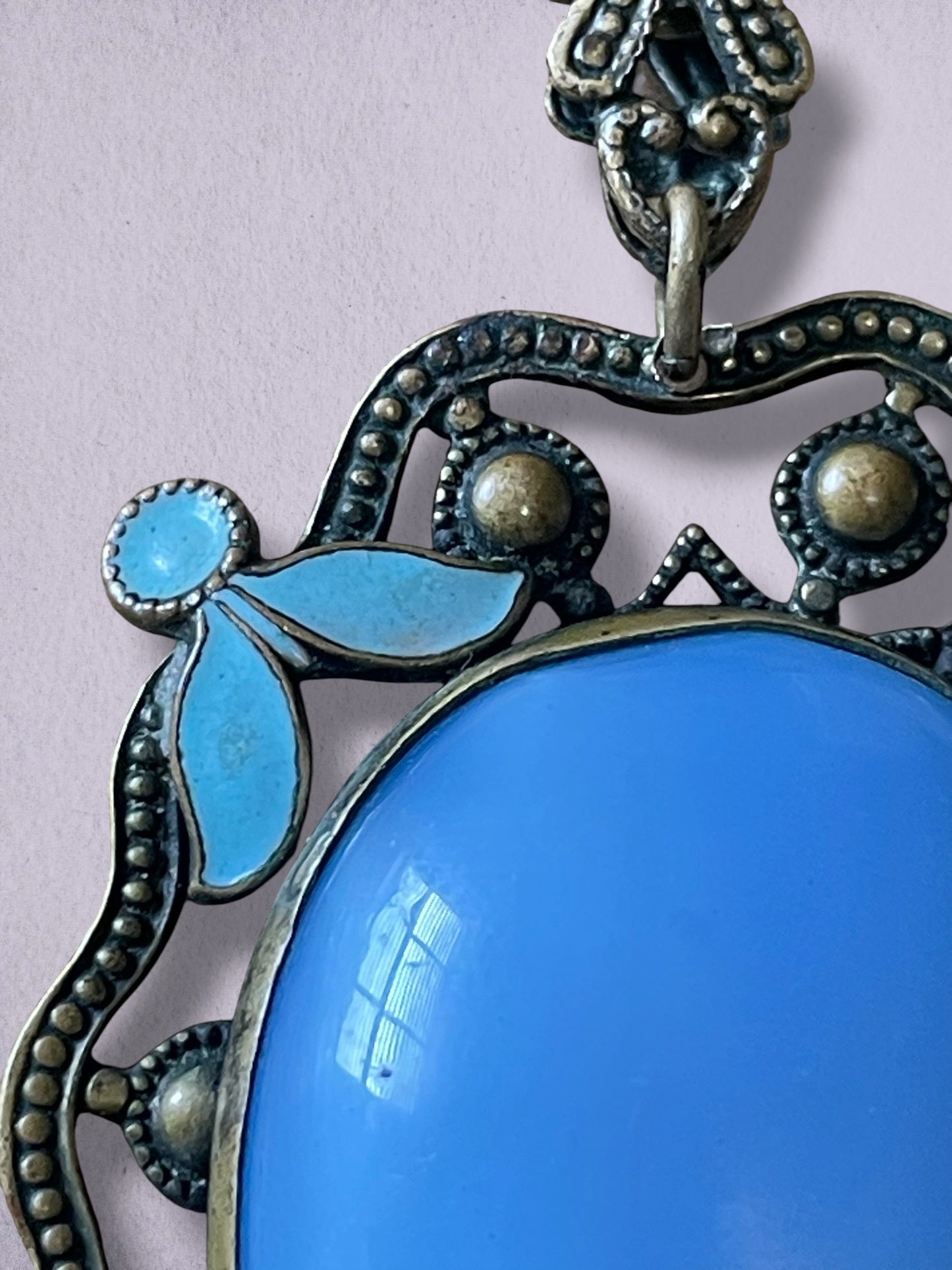 Czech Brass Filigree Nieger Brothers Blue art Glass & Enamel Necklace