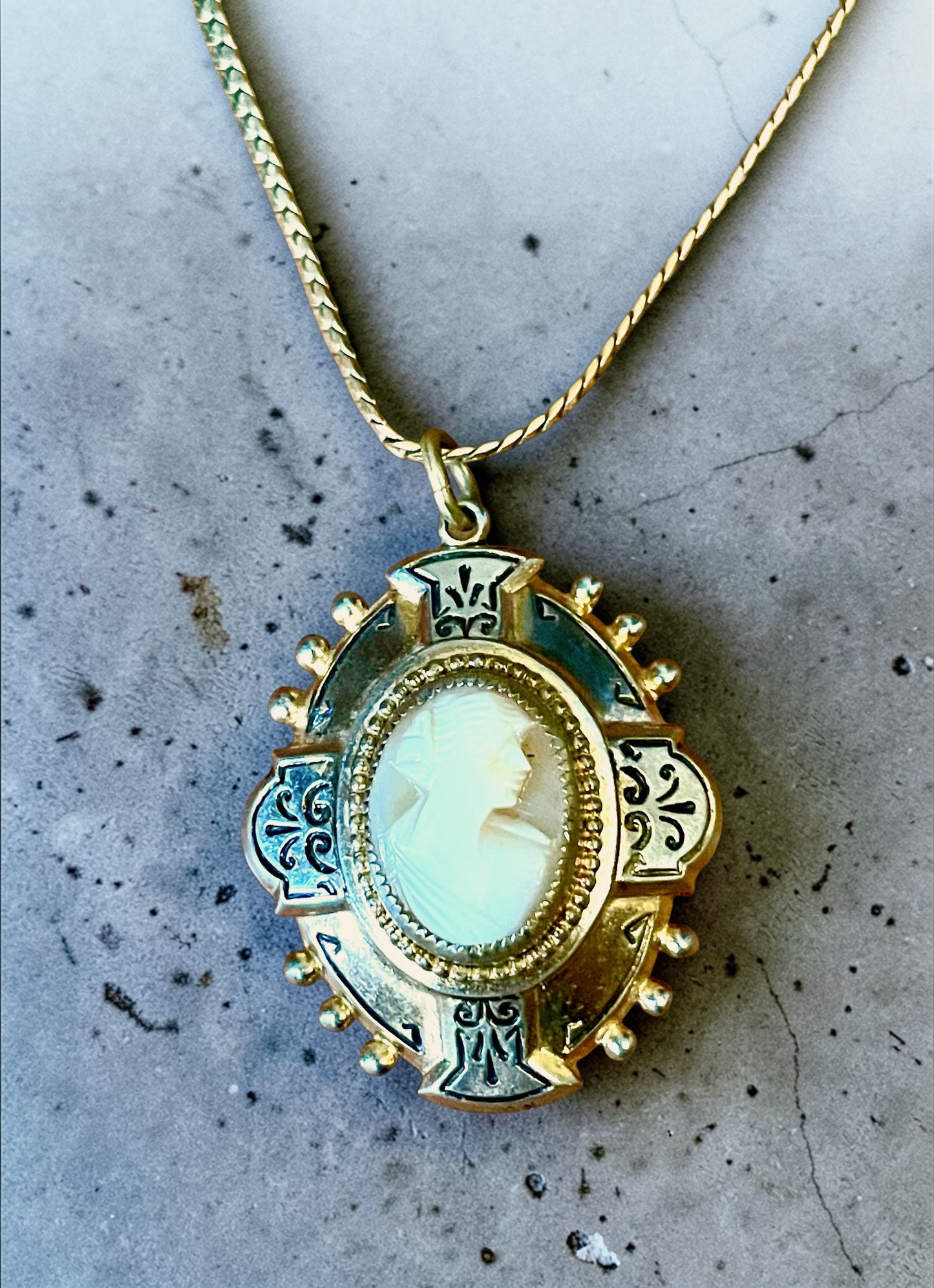 Edwardian Mixed Metal Carved Shell Cameo Cross Locket 14K GF Necklace