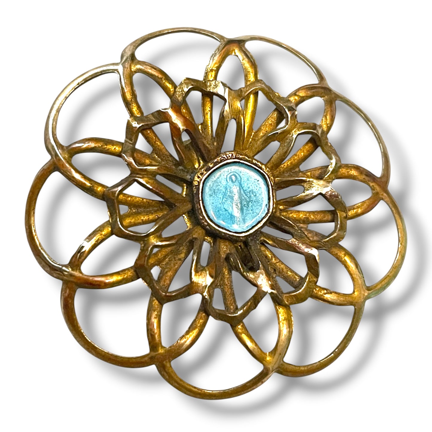 Vintage Religious Virgin Mother Mary Cloisionné Enamel Brass Flower Brooch
