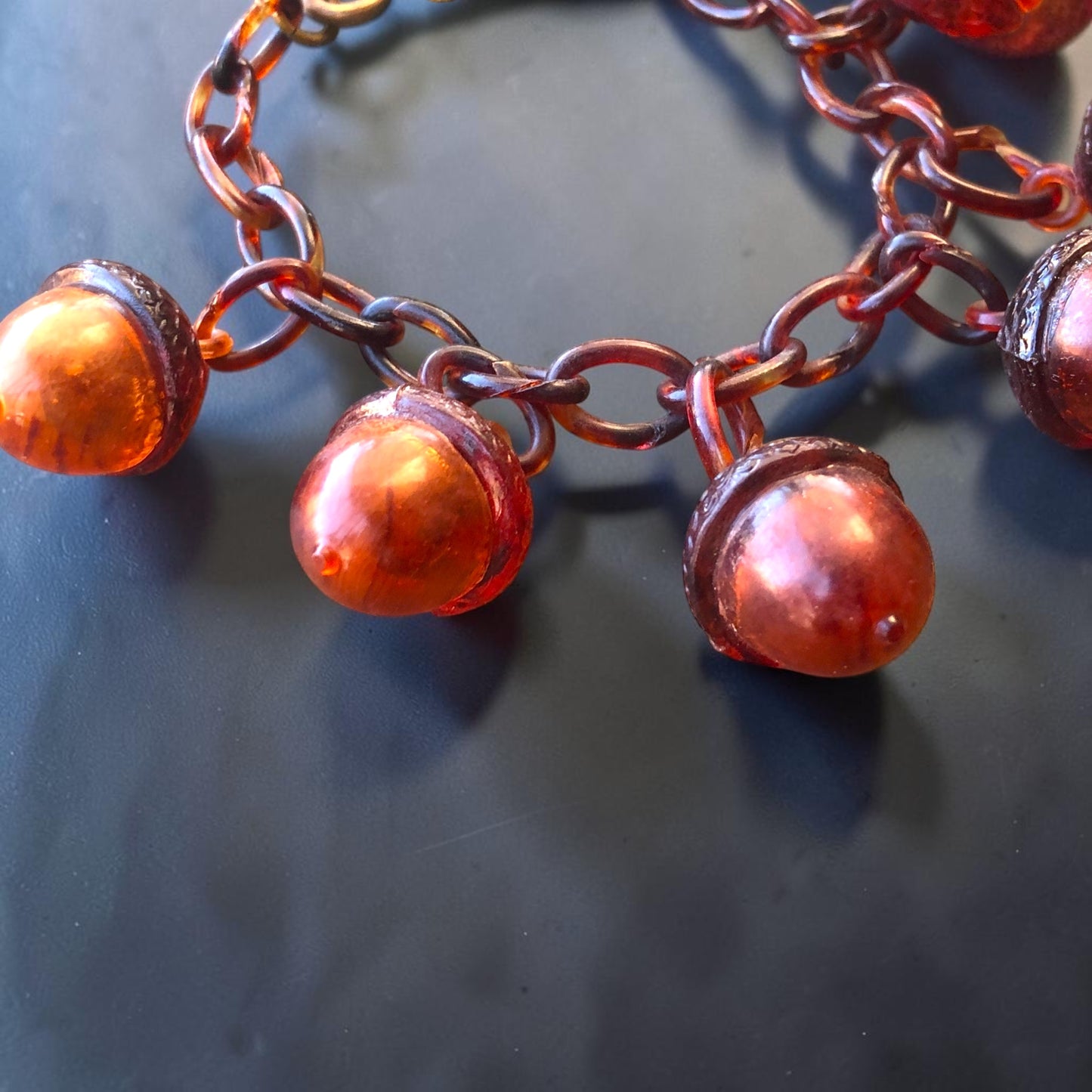 Antique Art Nouveau Early Plastic Hollow Tortoise Shell Acorn Charm Bracelet