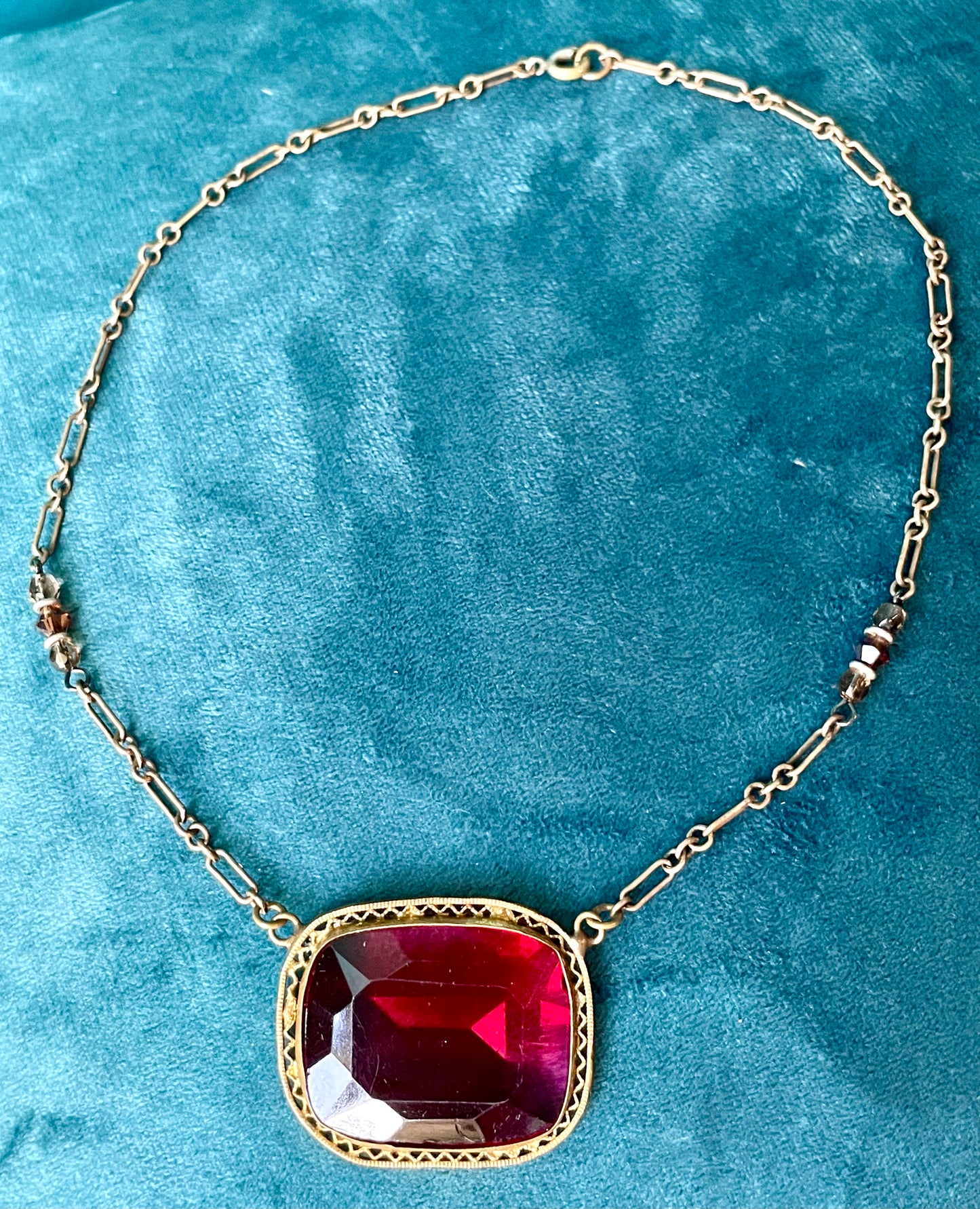 Art Deco Czech Brass Filigree Ruby Red Crystal Choker Necklace