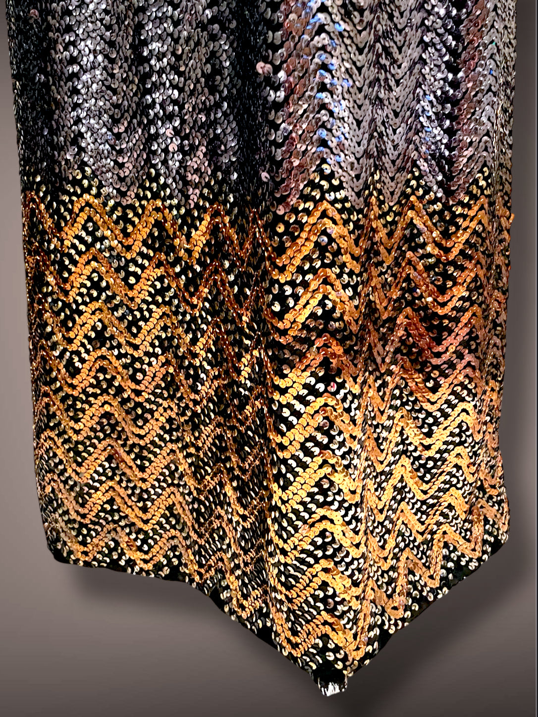 Gorgeous 1960’s Calderón Designer Black Long Sleeve Silver, Gold & Copper Metallic Sequin Maxi Dress