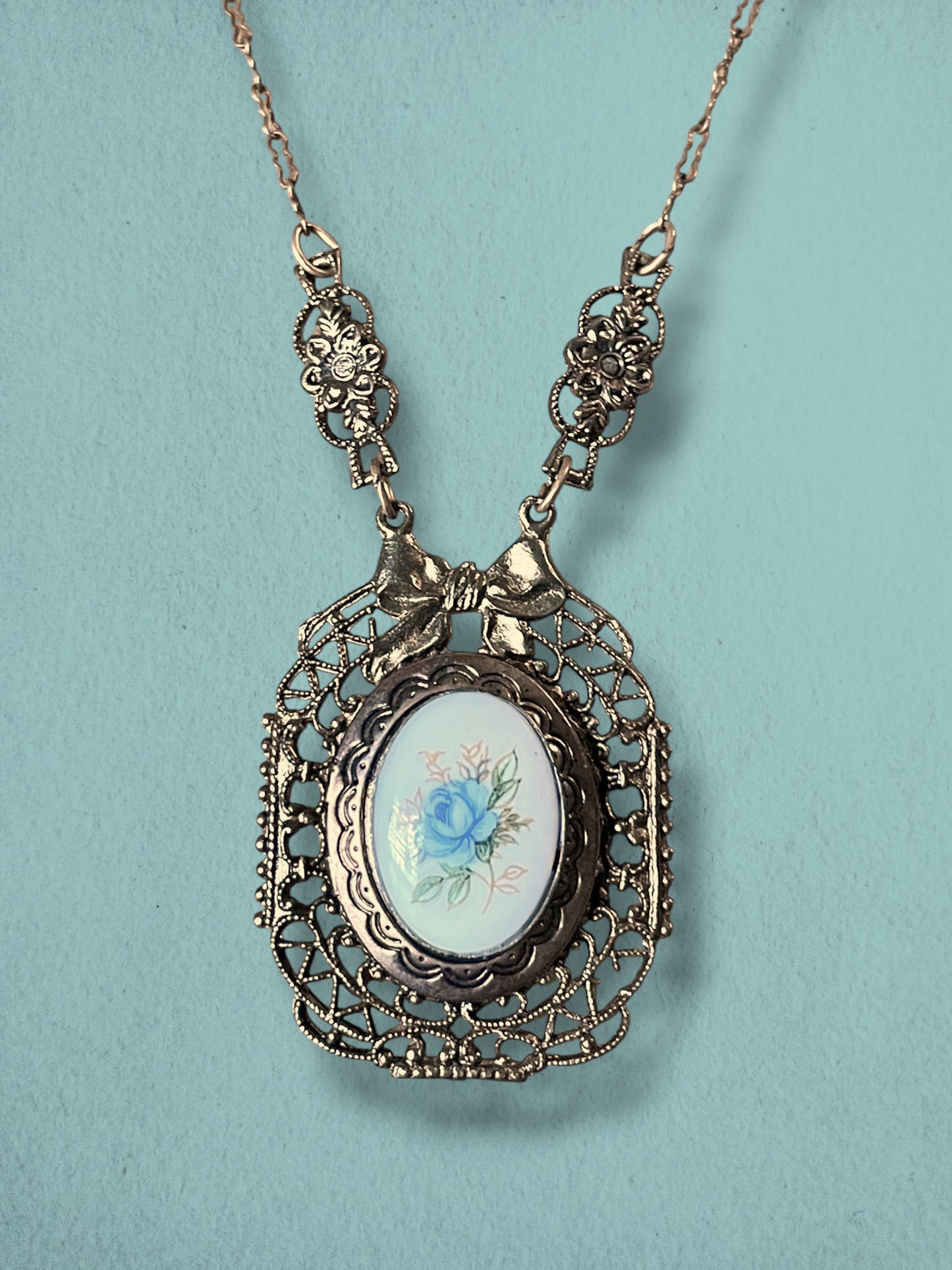 Art Nouveau Brass Filigree Blue Rose Porcelain Limoge Locket Necklace