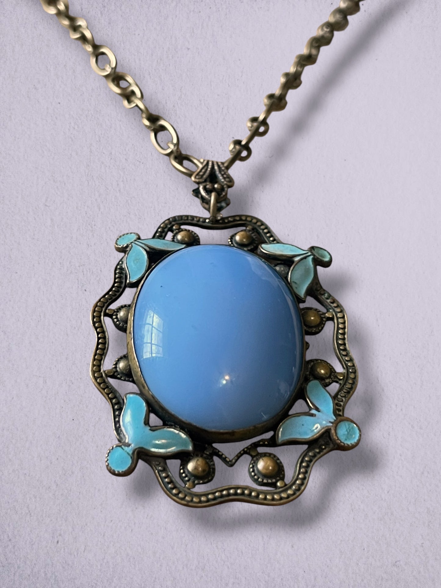 Czech Brass Filigree Nieger Brothers Blue art Glass & Enamel Necklace
