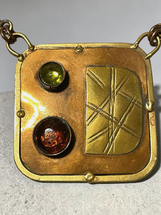 Brutalist Modern Mixed Metal Copper & Brass Mexican Chest Plate Necklace