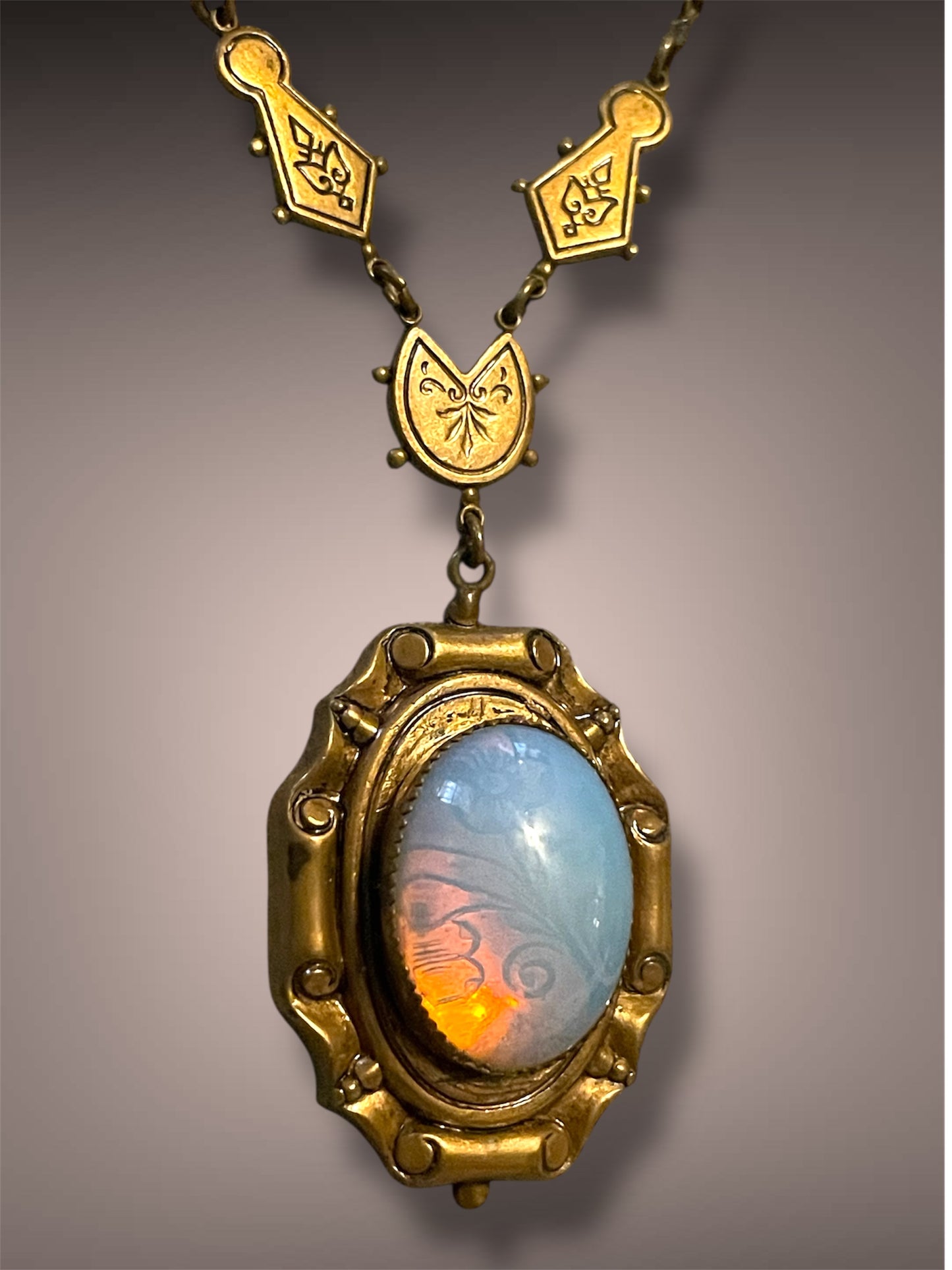 Victorian Opalite Floral Design See Through Gilt Brass Necklace