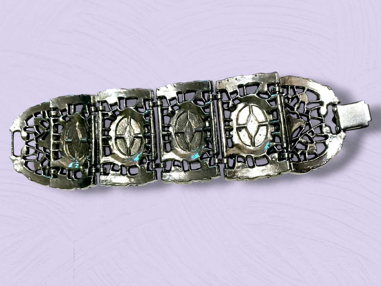 Vintage Chunky Silver Filigree Thermoset Faux Turquoise Panel Bracelet