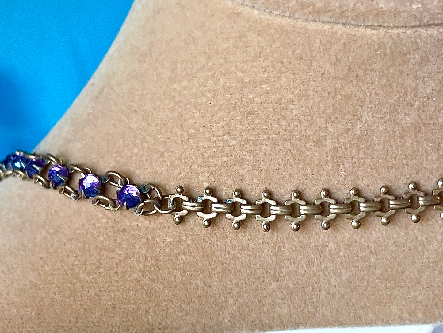 Victorian Book Link Purple Crystal Brass Filigree Choker Necklace