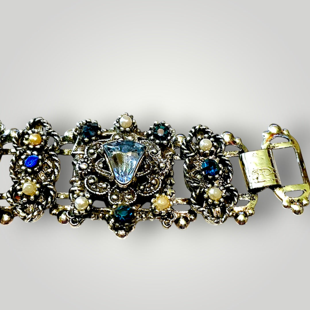 Stunning Multi Blue Crystal & Pearl Victorian Book Link Chunky Bracelet