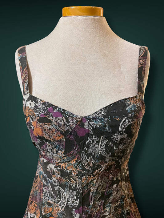 1990’s Black & White Paisley Print w Purple, Teal & Rust Bleach Splash Sundress