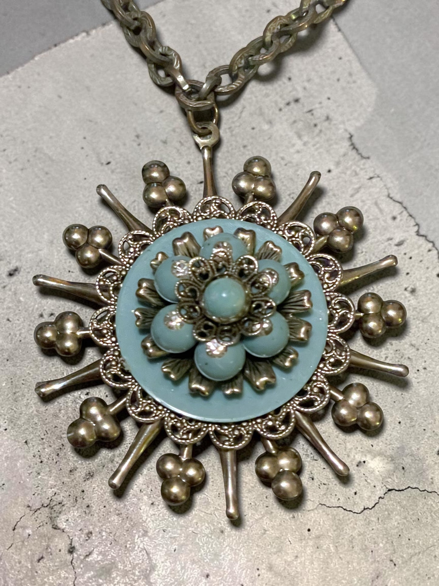 Vintage 1960’s Silver Starburst Turquoise Pendant Runway Necklace