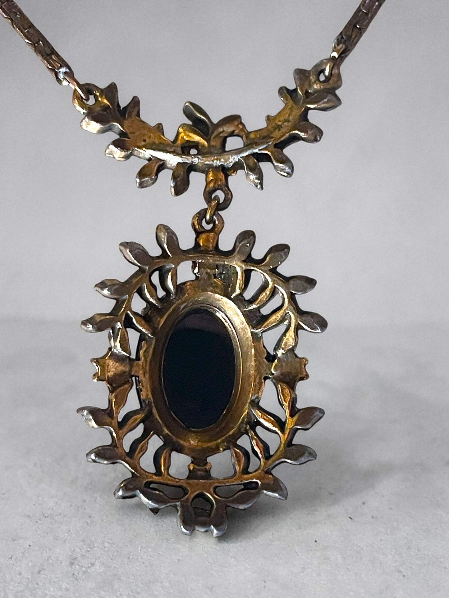 Art Nouveau Brass Leaf Garland Black Art Glass, Pink Crystal & Pearl Necklace