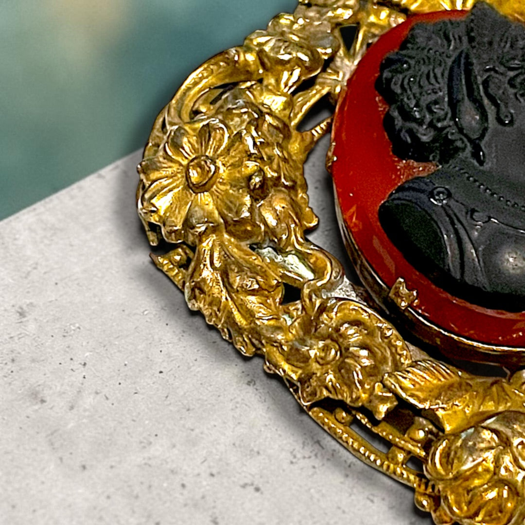 Huge Red & Black Art Glass Cameo Gilded Brass Repoussé Art Nouveau Floral Frame Pendant Necklace