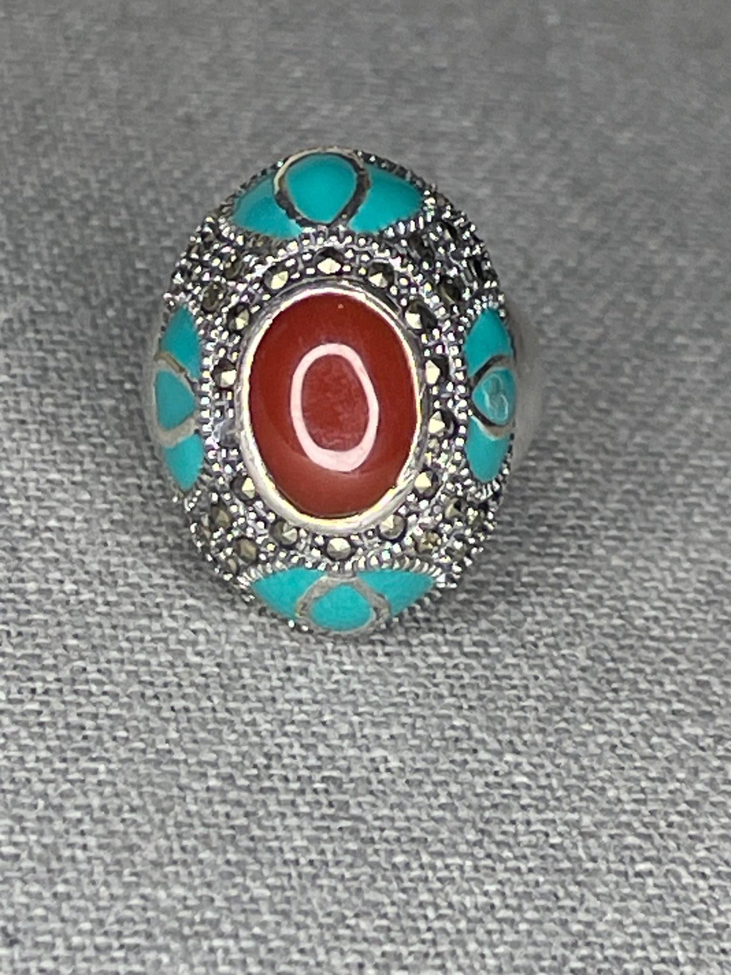 Sterling Silver Red Coral, Turquoise & Marcasite Gemstone Ring