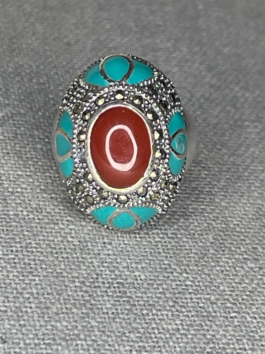 Sterling Silver Red Coral, Turquoise & Marcasite Gemstone Ring