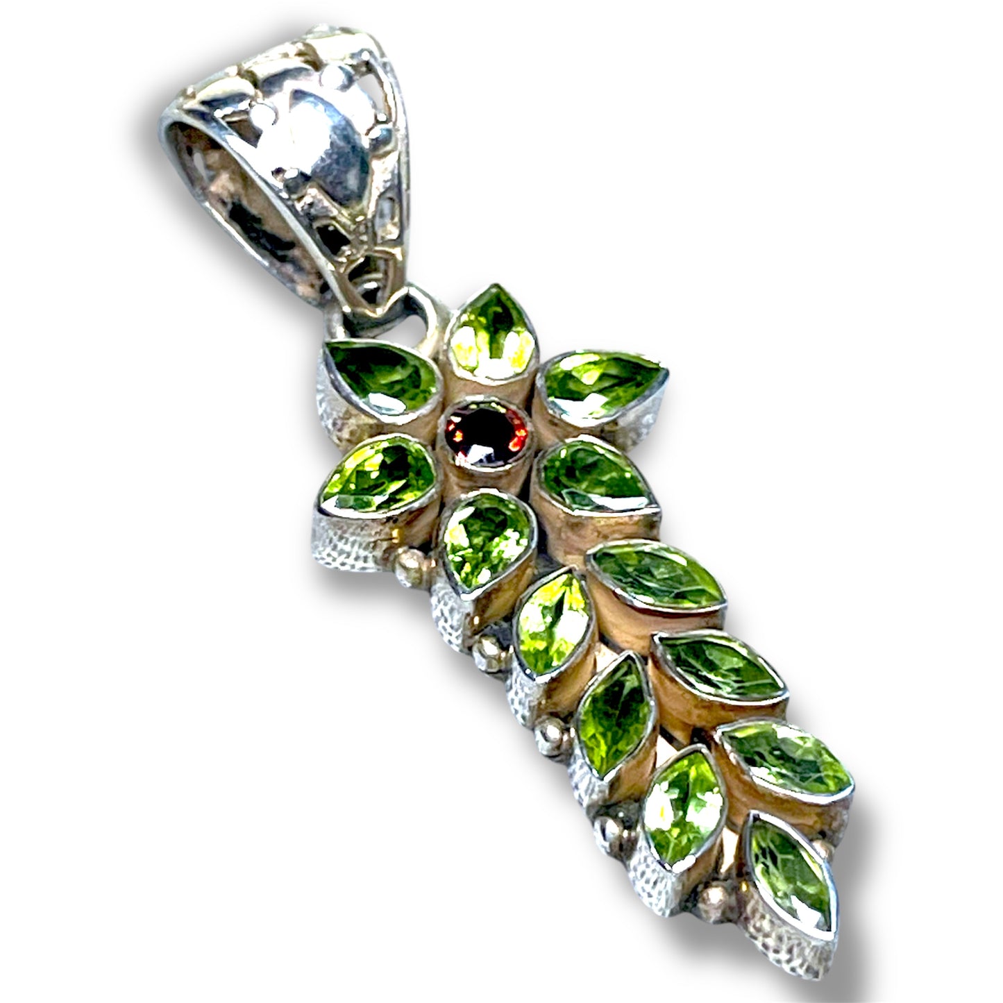 Peridot & Garnet Sterling Silver Flower Necklace Pendant