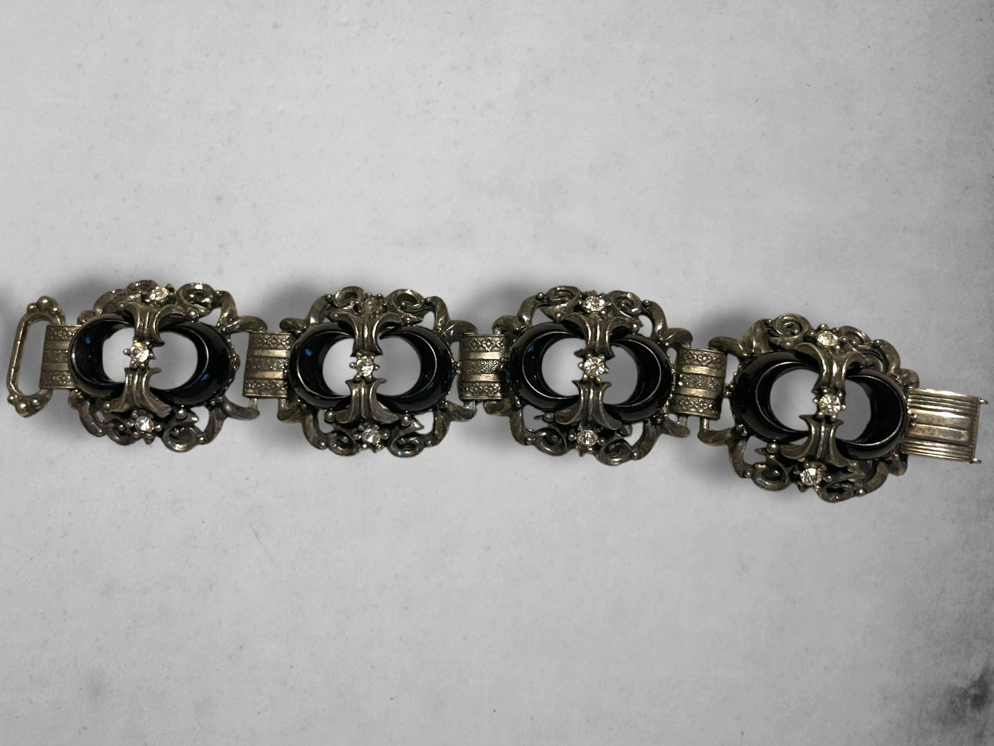 Victorian Booklink Chain Black Crescent Moon Crystal Panel Bracelet