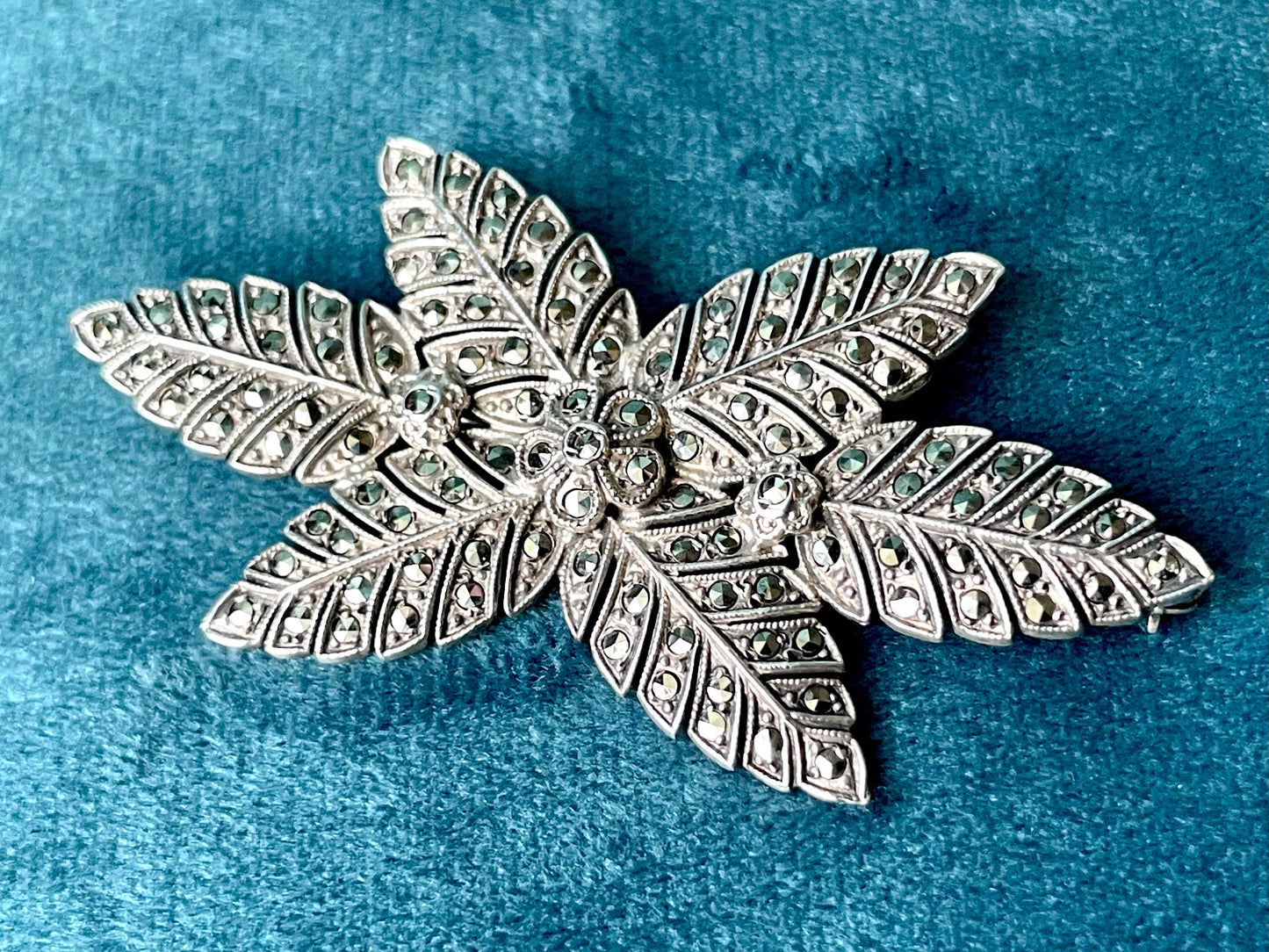 Sterling Silver & Marcasite Flower & Leaves Brooch
