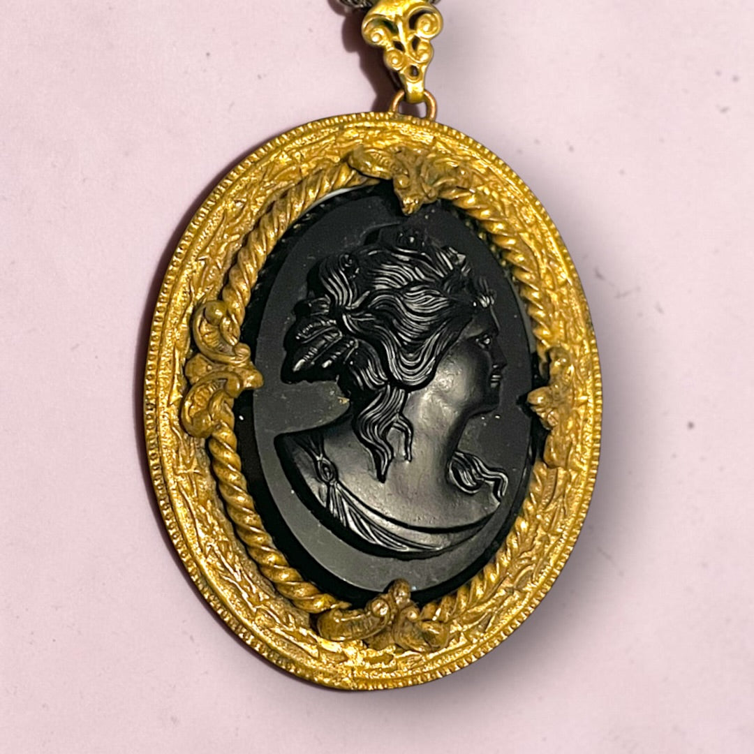 Victorian Gothic Black Art Glass Mourning Cameo Prong Set Pendant Necklace