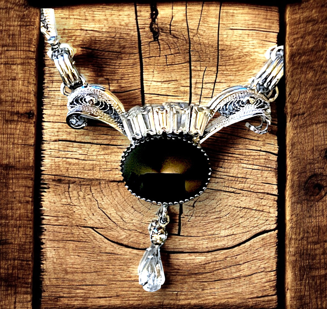 Vintage Art Deco Onyx & Crystal Amy Lee Sterling Filigree Necklace