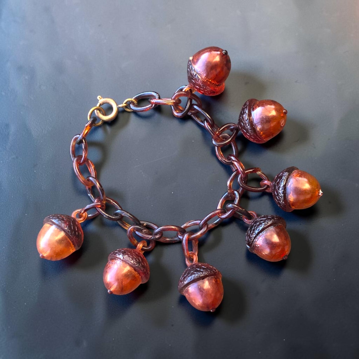 Antique Art Nouveau Early Plastic Hollow Tortoise Shell Acorn Charm Bracelet