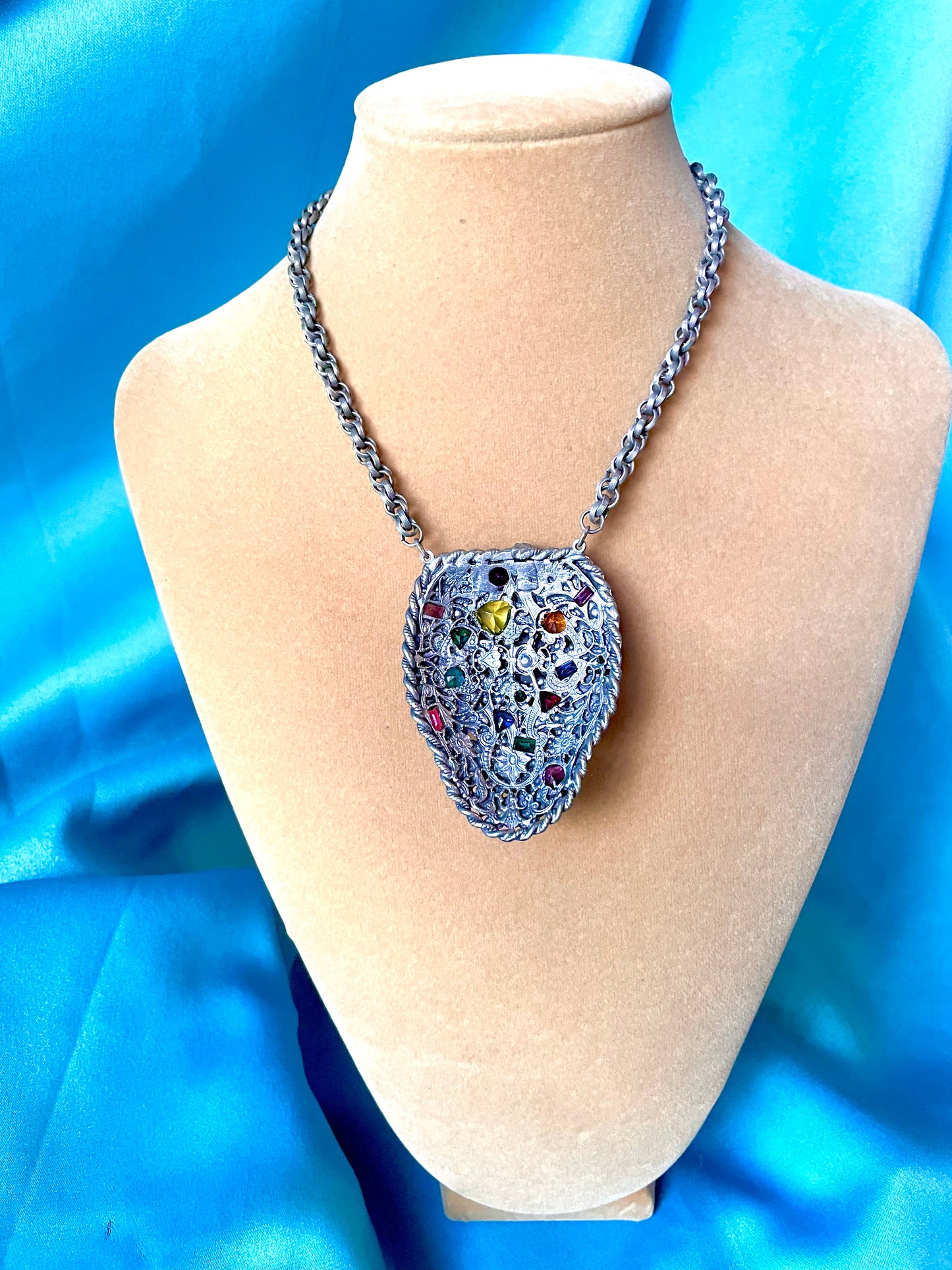 Incredible Fruit Salad Multicolor Rainbow Crystal Floral Art Nouveau Pendant Necklace