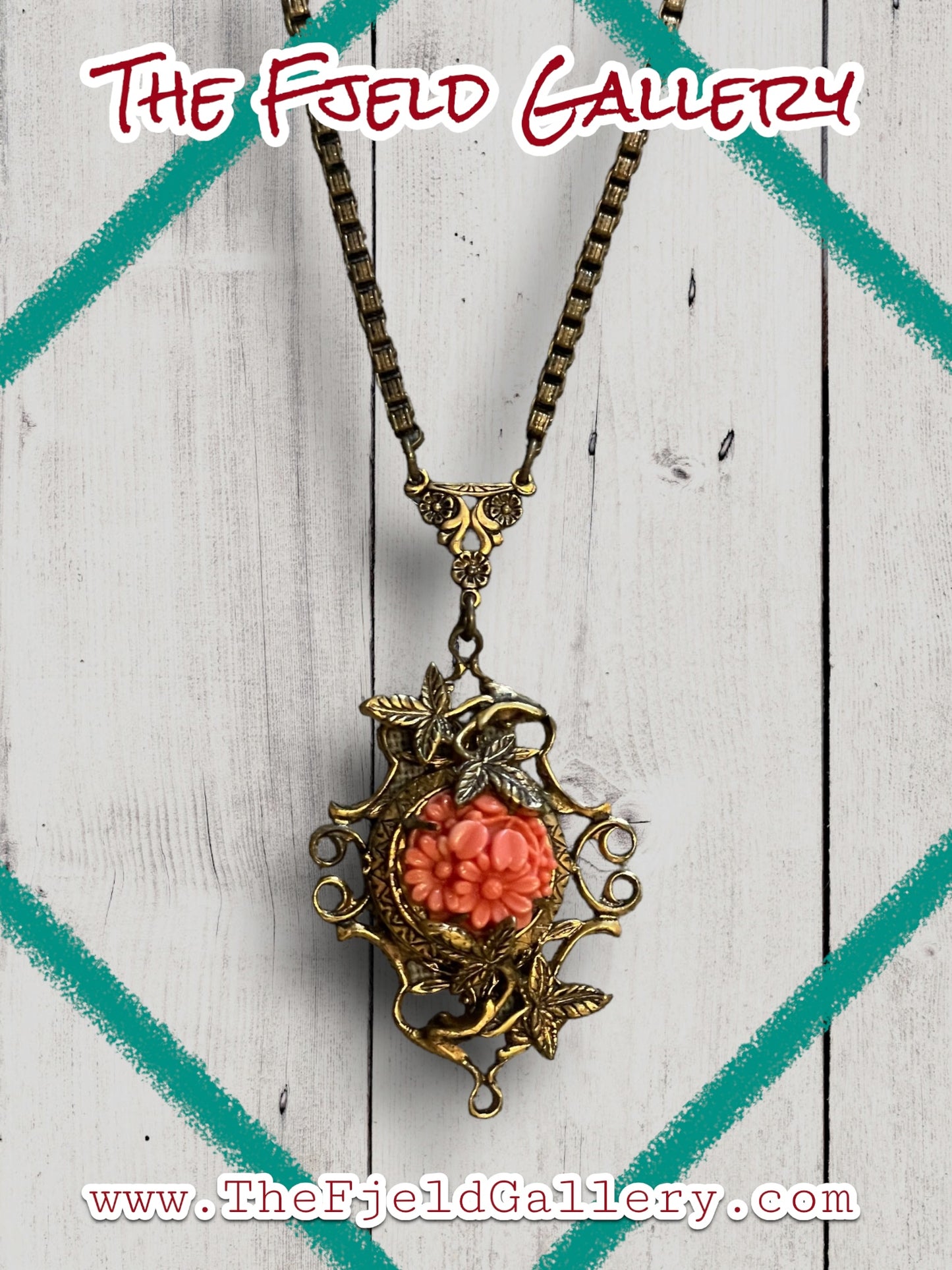 Art Nouveau Czech Brass Filligree Stamped Floral Necklace with Coral Pink Glass Molded Daisy Flowers