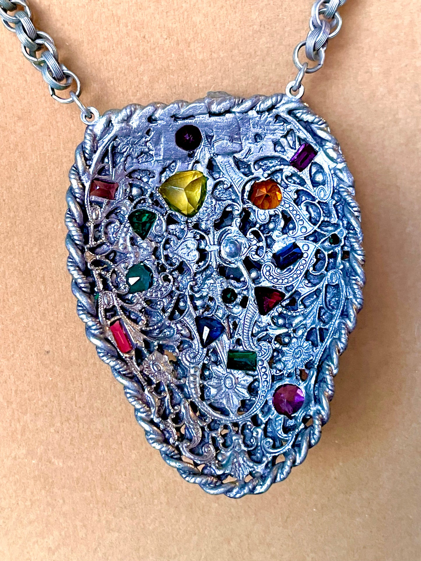 Incredible Fruit Salad Multicolor Rainbow Crystal Floral Art Nouveau Pendant Necklace