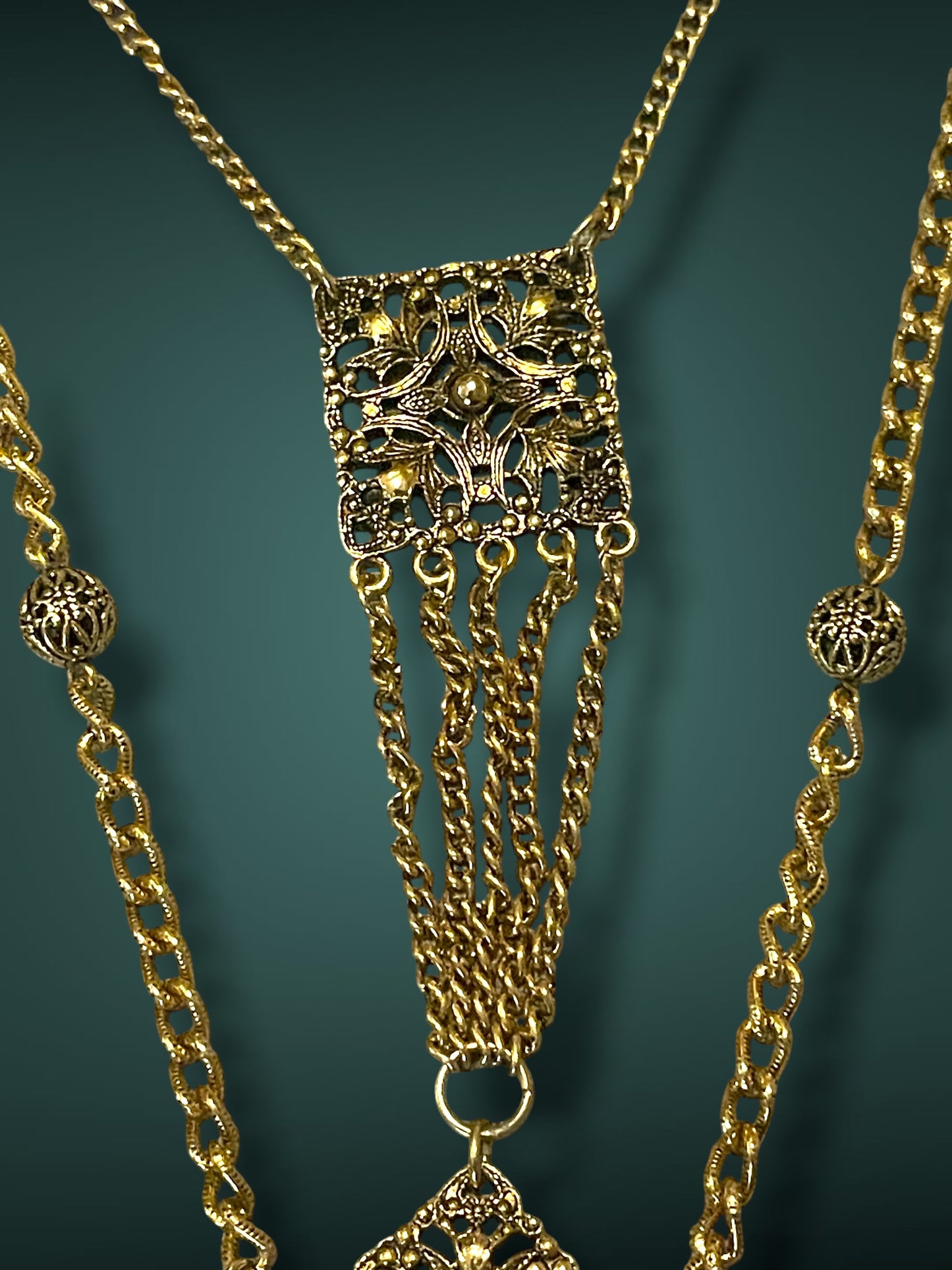 Art Nouveau Czech Gold Filigree Chestplate Turquoise Chain Dangle Festoon Necklace