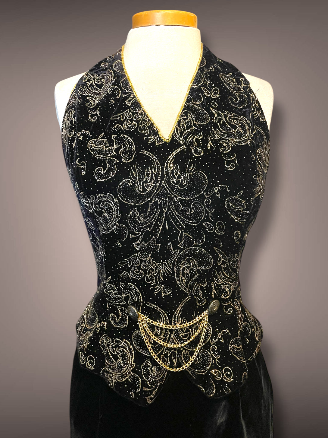 Vintage 1990’s Scott McLintock Black Velvet Maxi Pencil Halter Dress with Gold Glitter Damask Pattern
