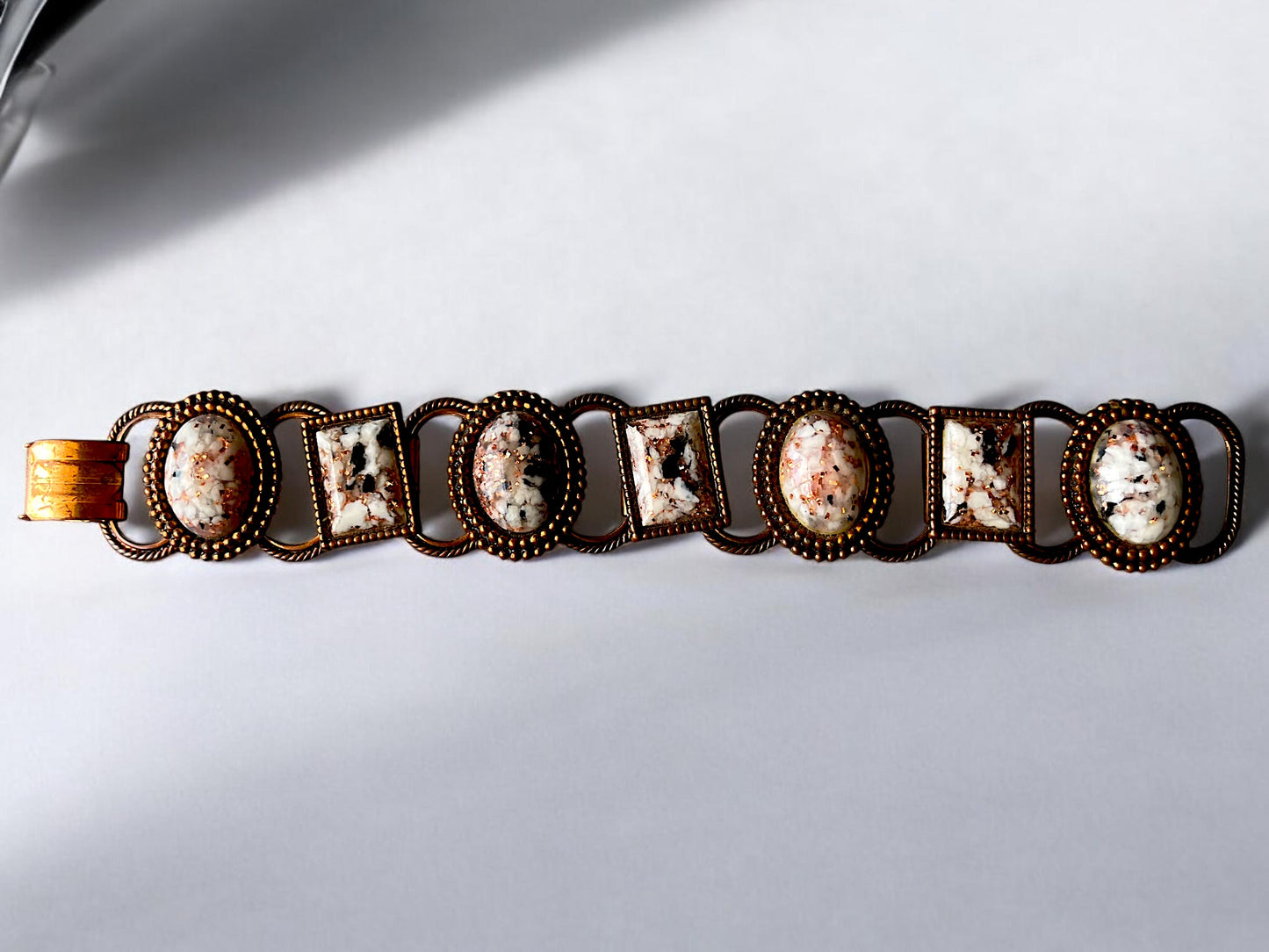 1960’s Copper Link Marble Confetti Foil Art Glass Chunky Bracelet