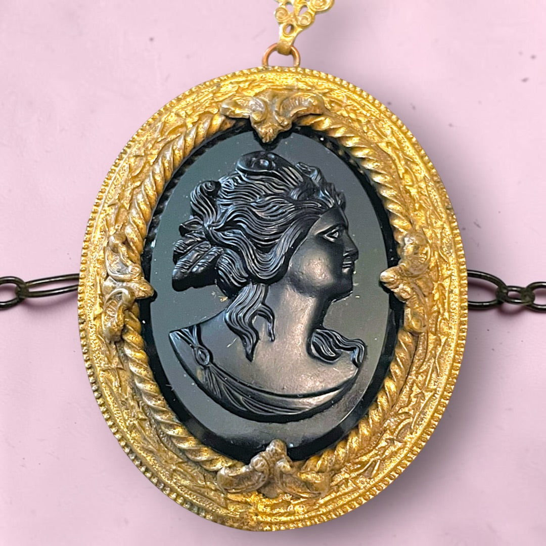 Victorian Gothic Black Art Glass Mourning Cameo Prong Set Pendant Necklace