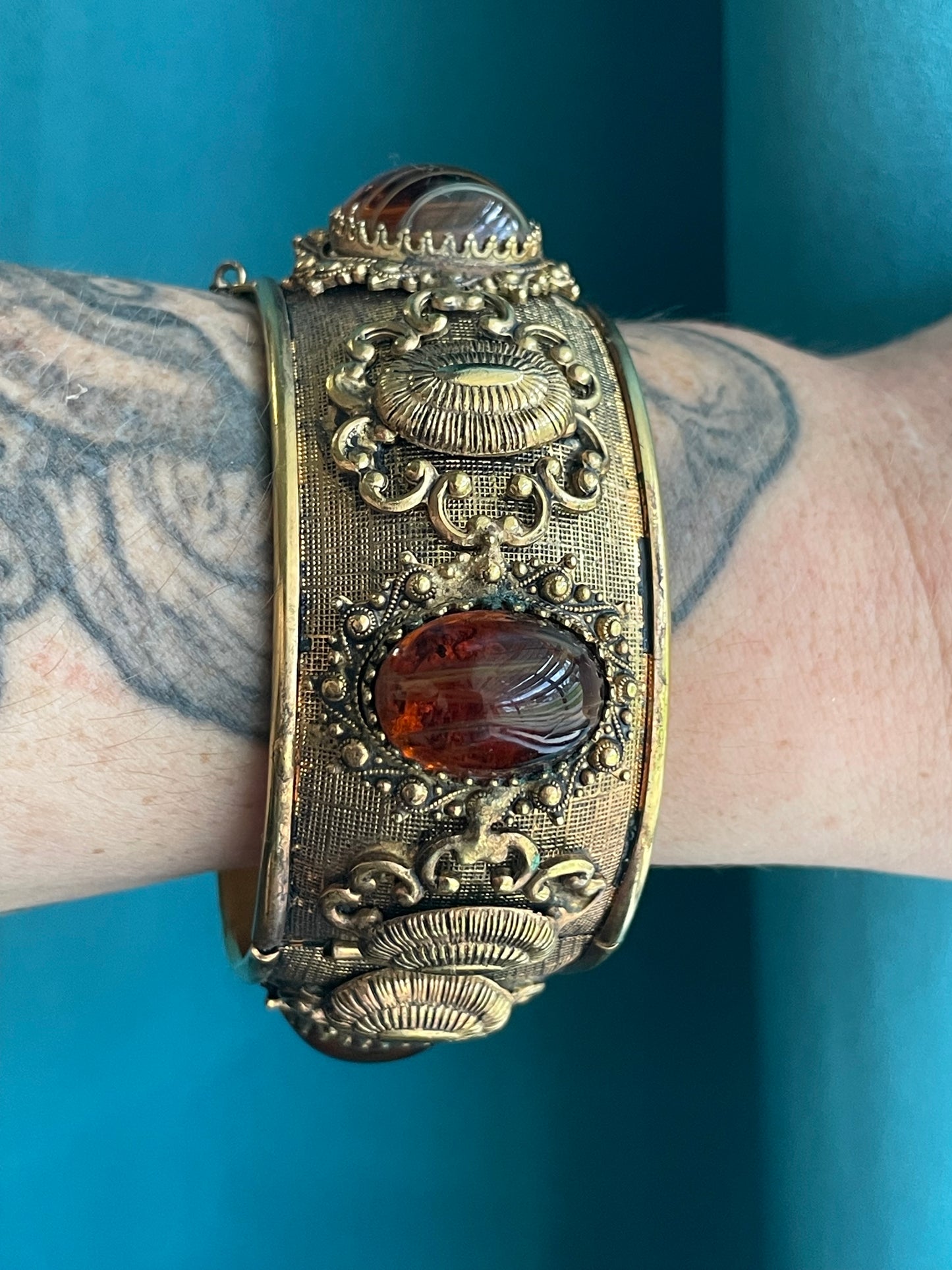 Ornate Amber Marble Art Glass Brass Domed Hinged Bangle Bracelet
