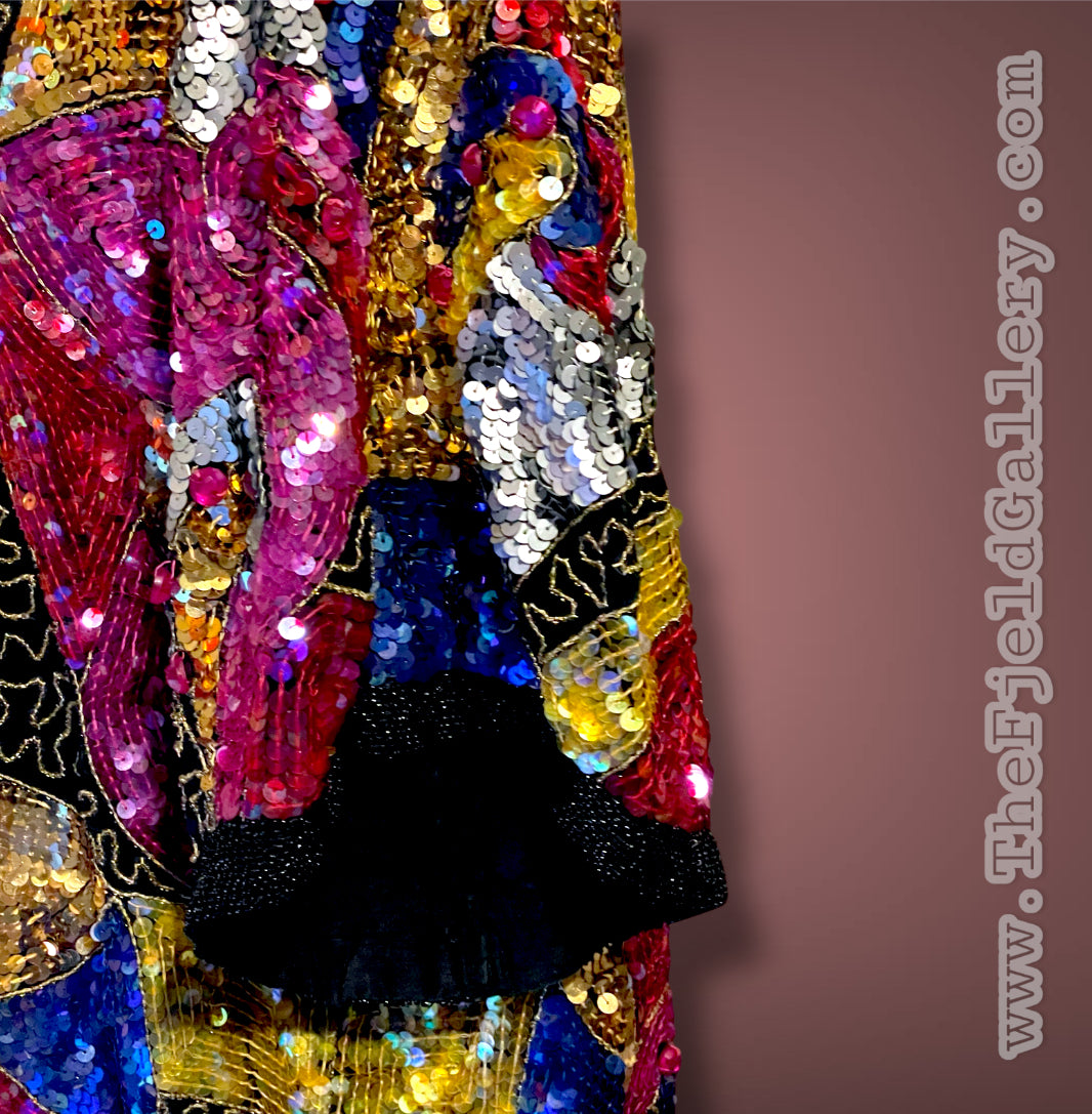 1970’s 100% Silk Sequin, Glass Seed Bead & Rhinestone Abstract Rainbow Top