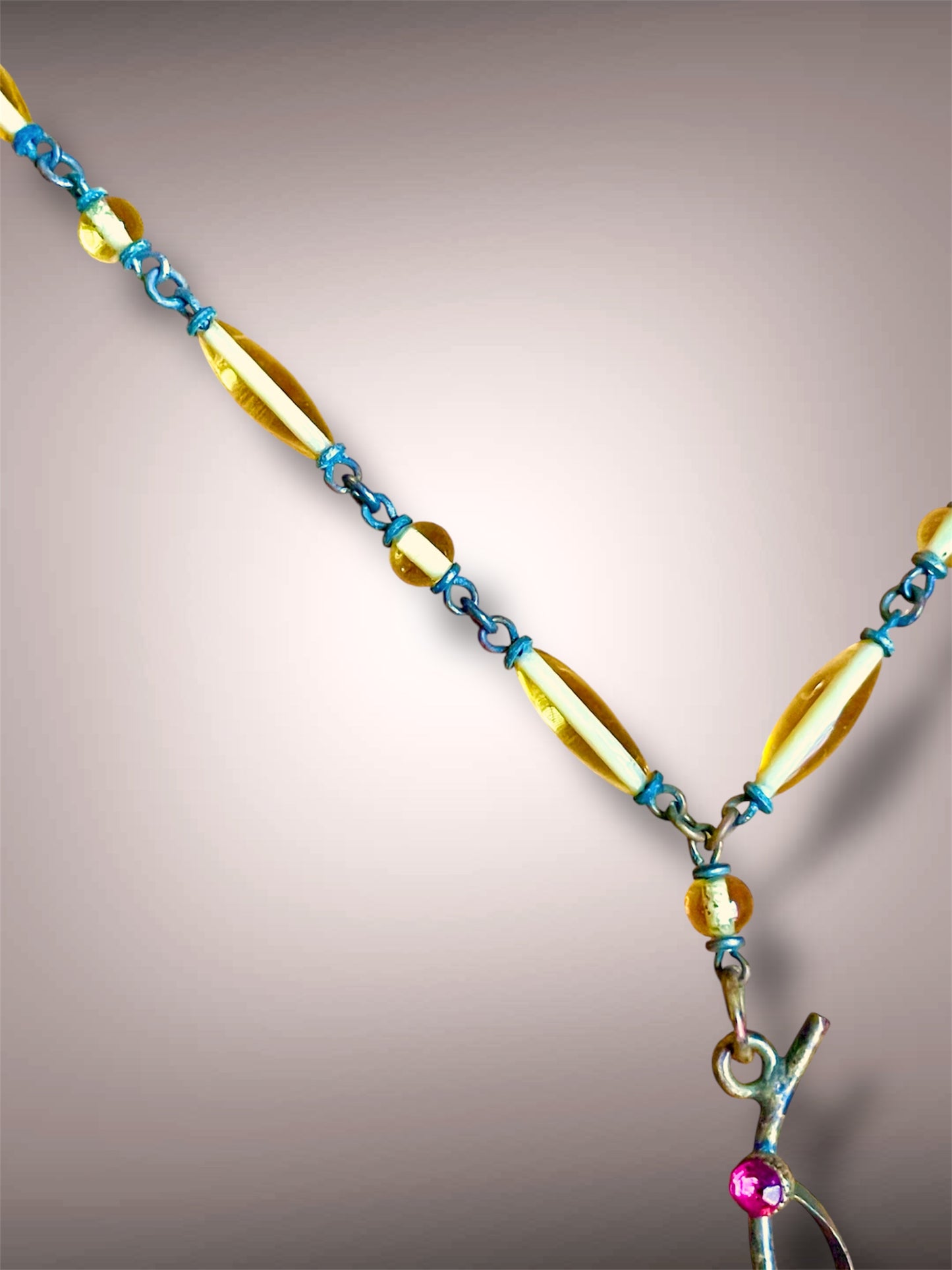 Art Nouveau Czech Cloisonné Yellow & Purple Flower, Leaves & Pink Crystal Yellow Glass Bead Y Drop Lavaliere Necklace