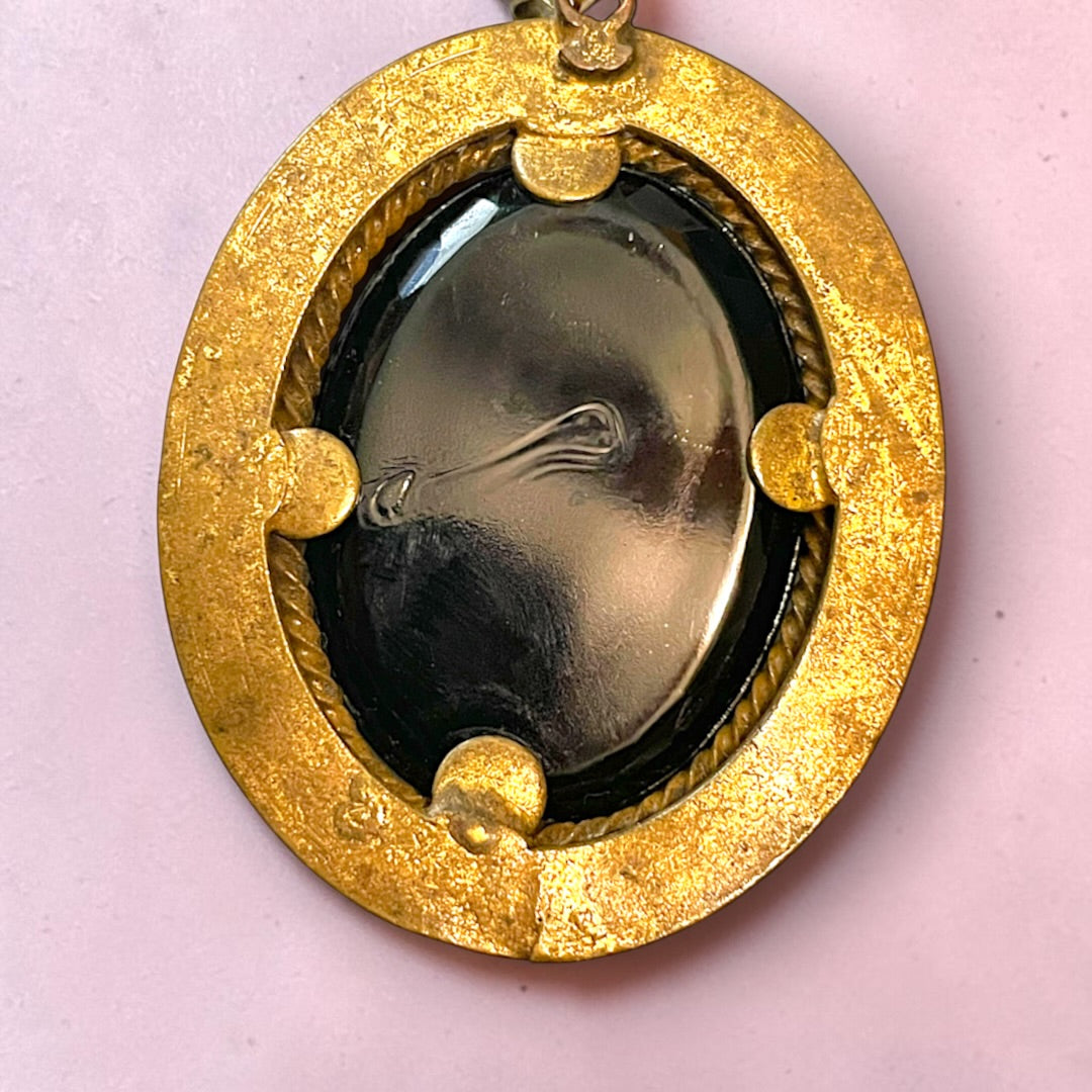 Victorian Gothic Black Art Glass Mourning Cameo Prong Set Pendant Necklace