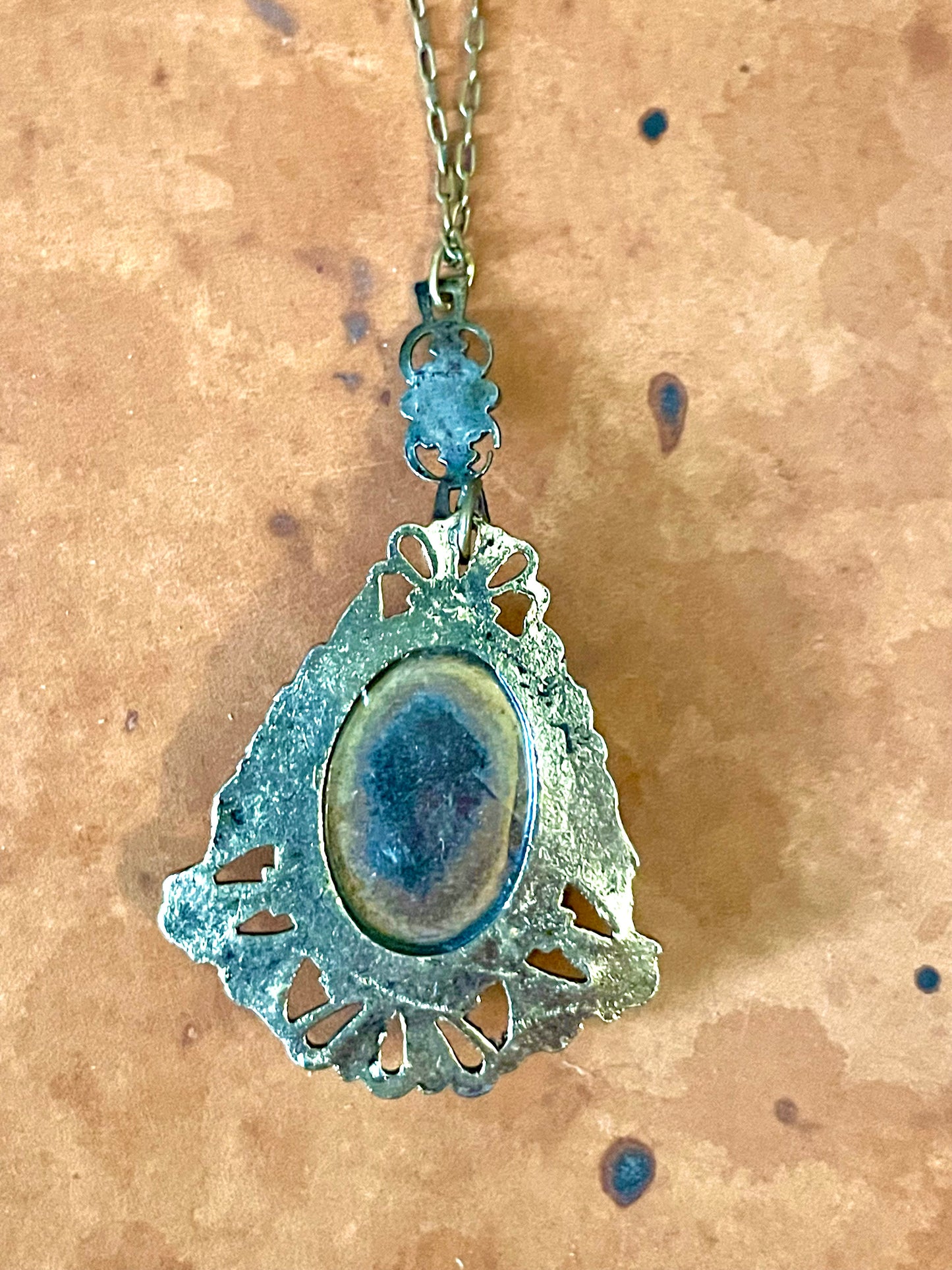 Art Nouveau Brass & Titanium Oxidized Rainbow Metal Porcelain Limogé Blue Rose Locket Necklace