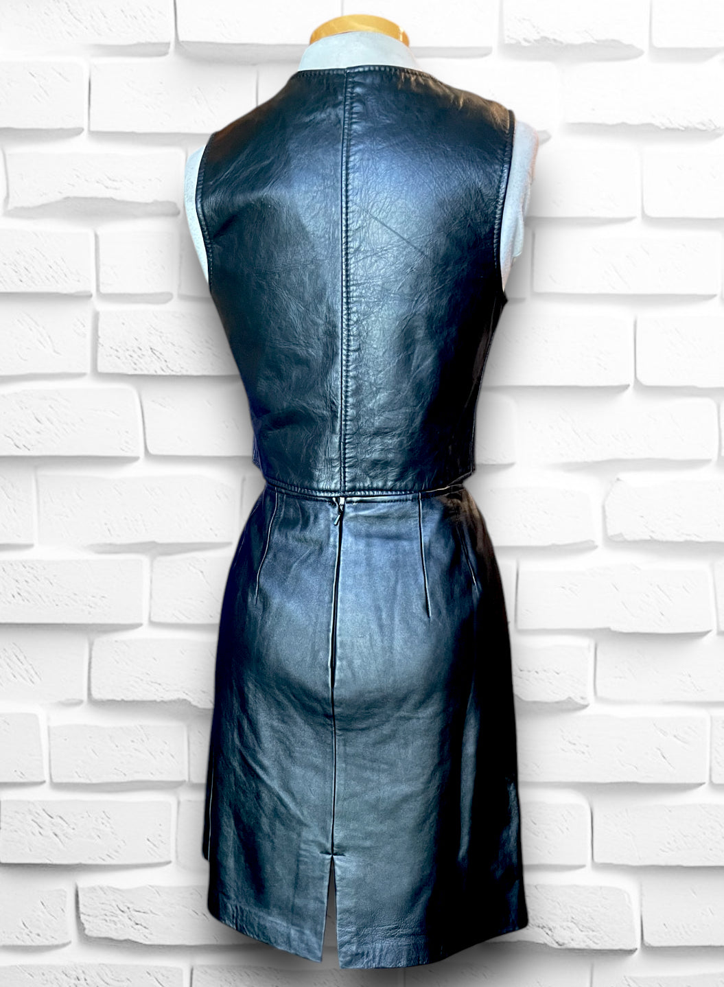 Vintage Black Leather Biker Snap Up Vest & Skirt Set