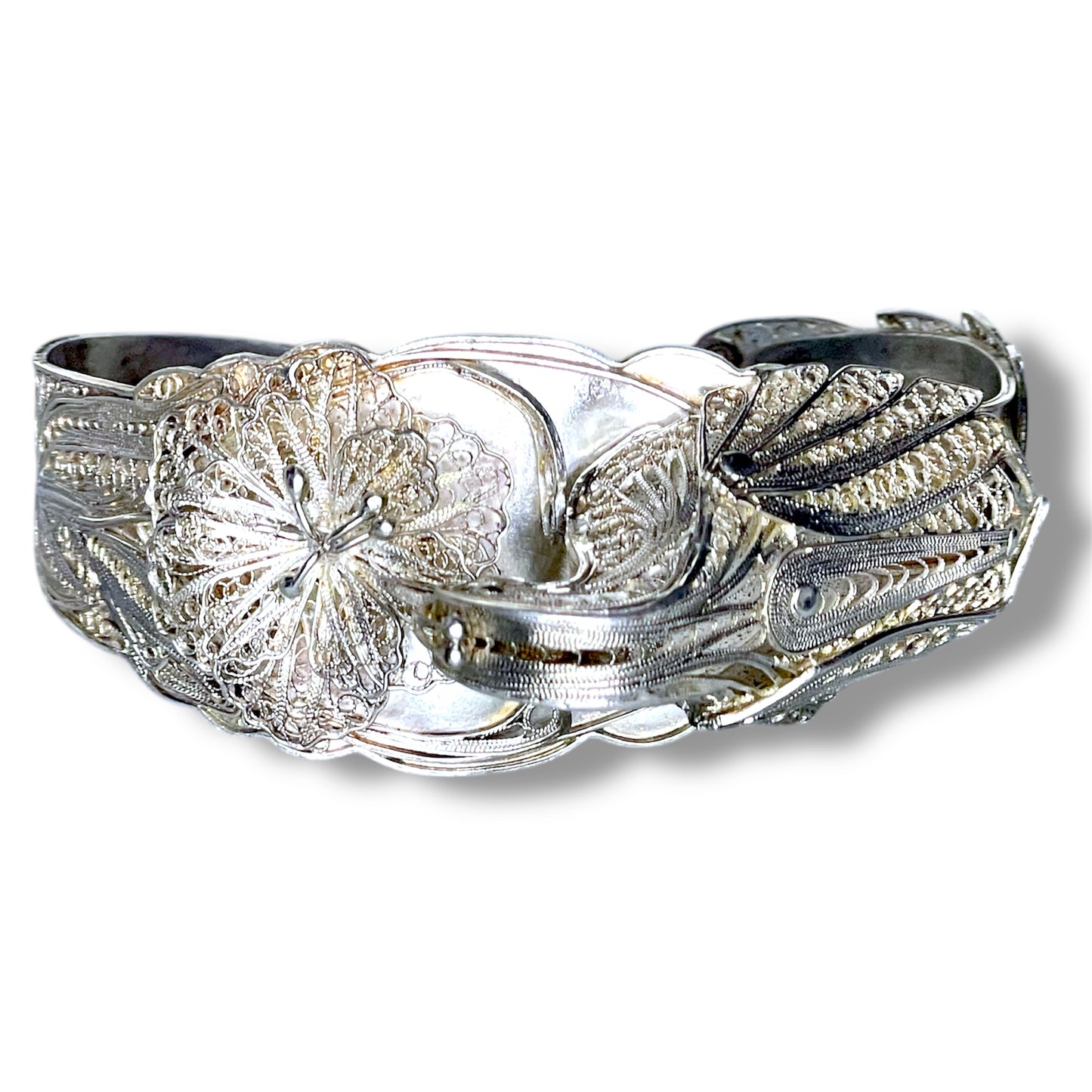 Incredible Sterling Filigree Peacock & Flower 3D Cuff Bracelet