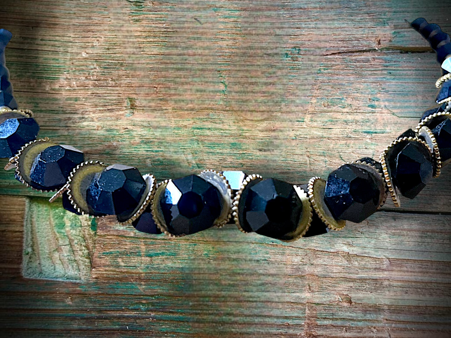 Victorian Mourning Black Crystal & Brass Saw-blade Gothic Chain Necklace